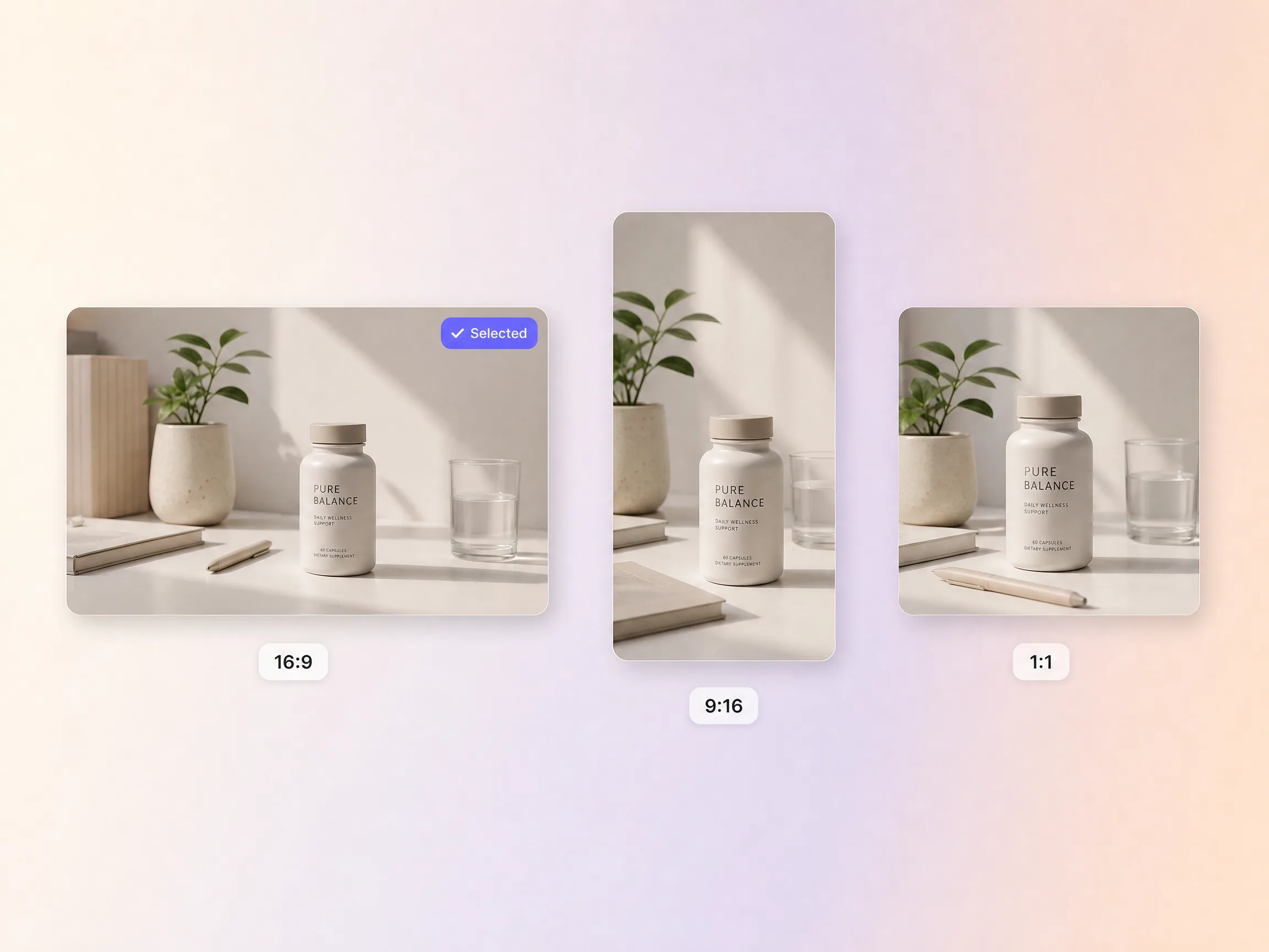 A video ad exported in 16:9, 9:16, and 1:1 formats up to 4K