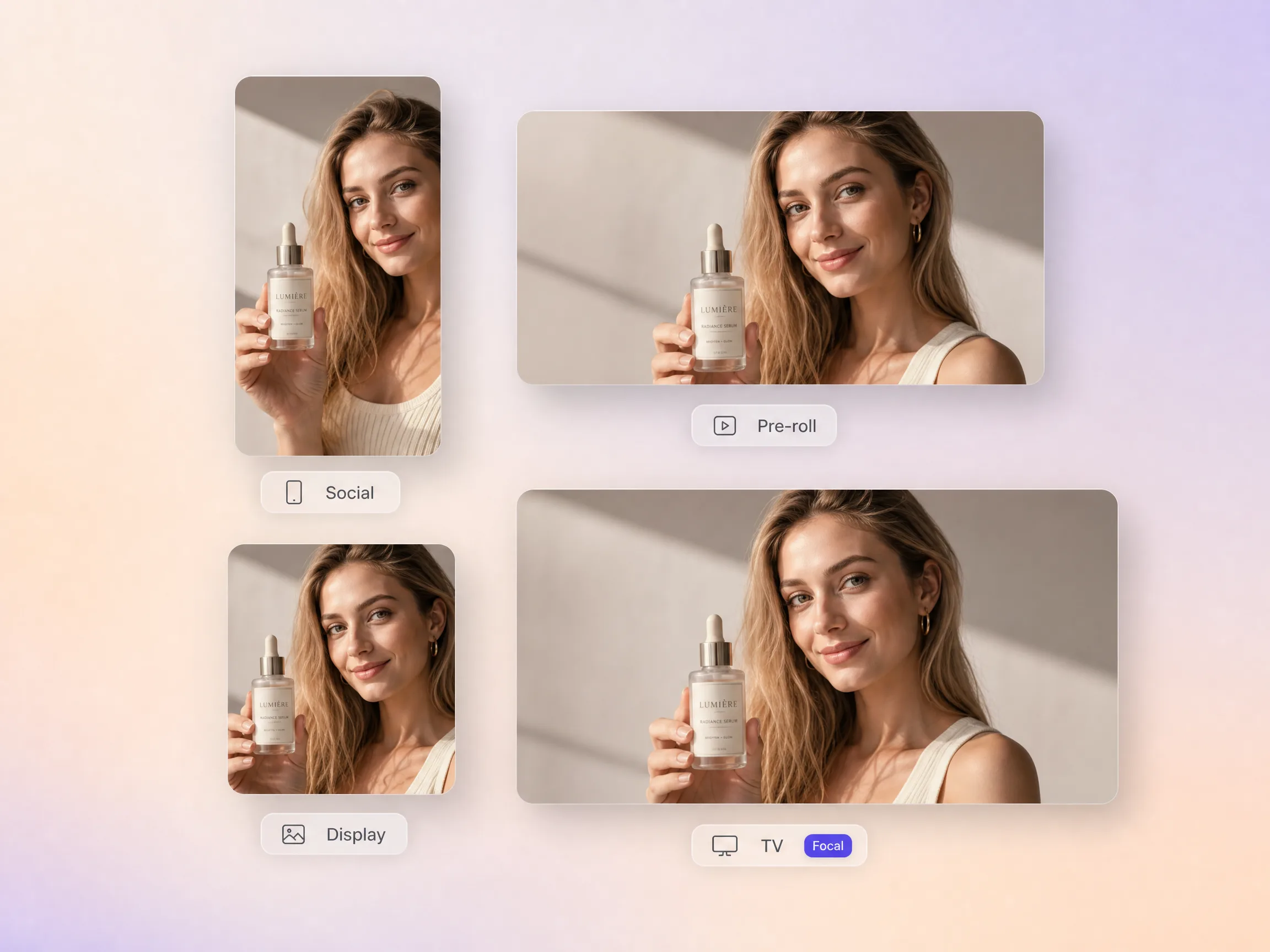 One advertisement video reframed for social, pre-roll, display, and TV placements
