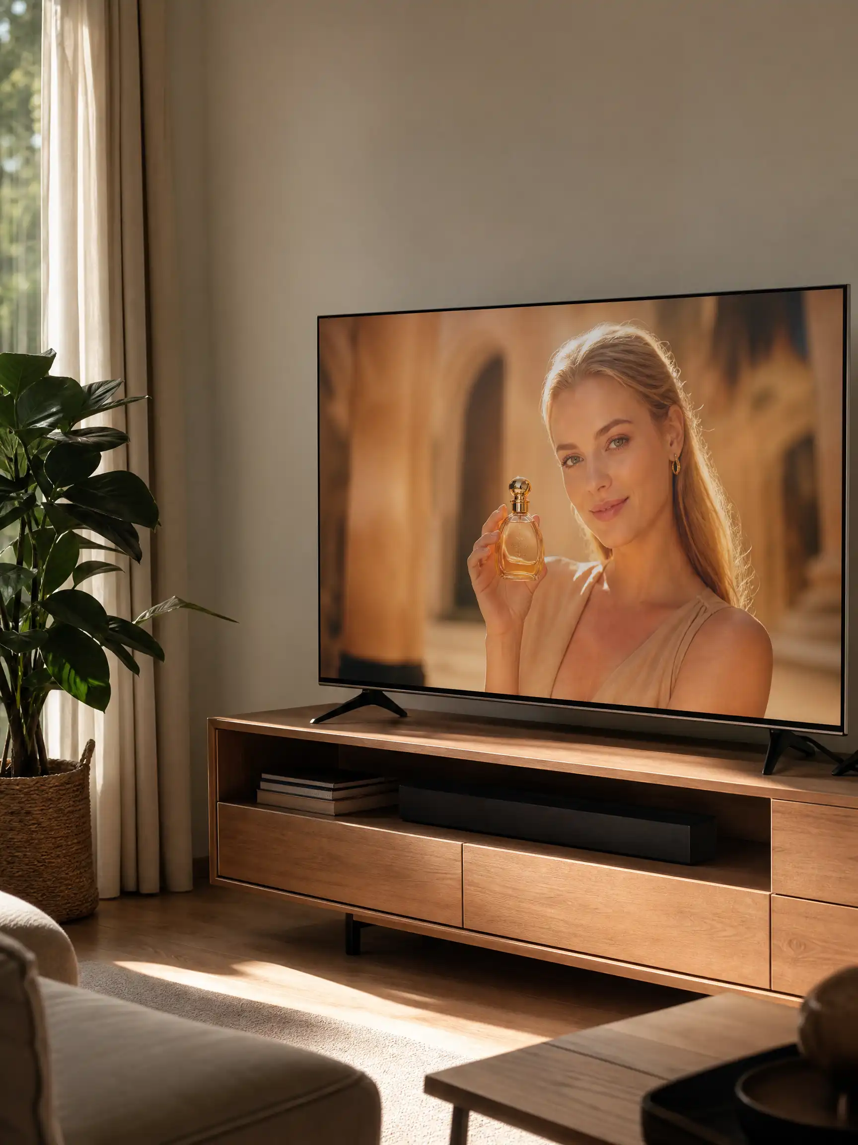 Commercial video created with Pexo AI playing on a television screen