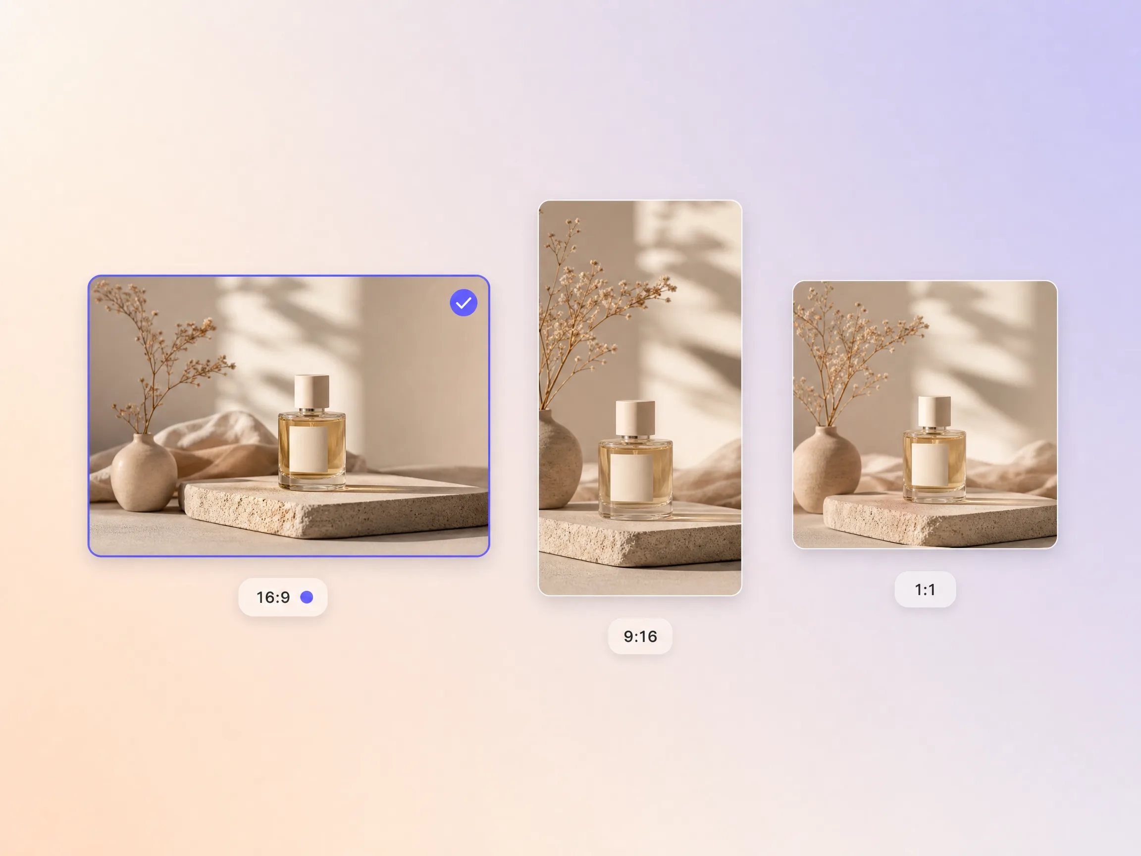 A commercial video exported in 16:9, 9:16, and 1:1 formats up to 4K