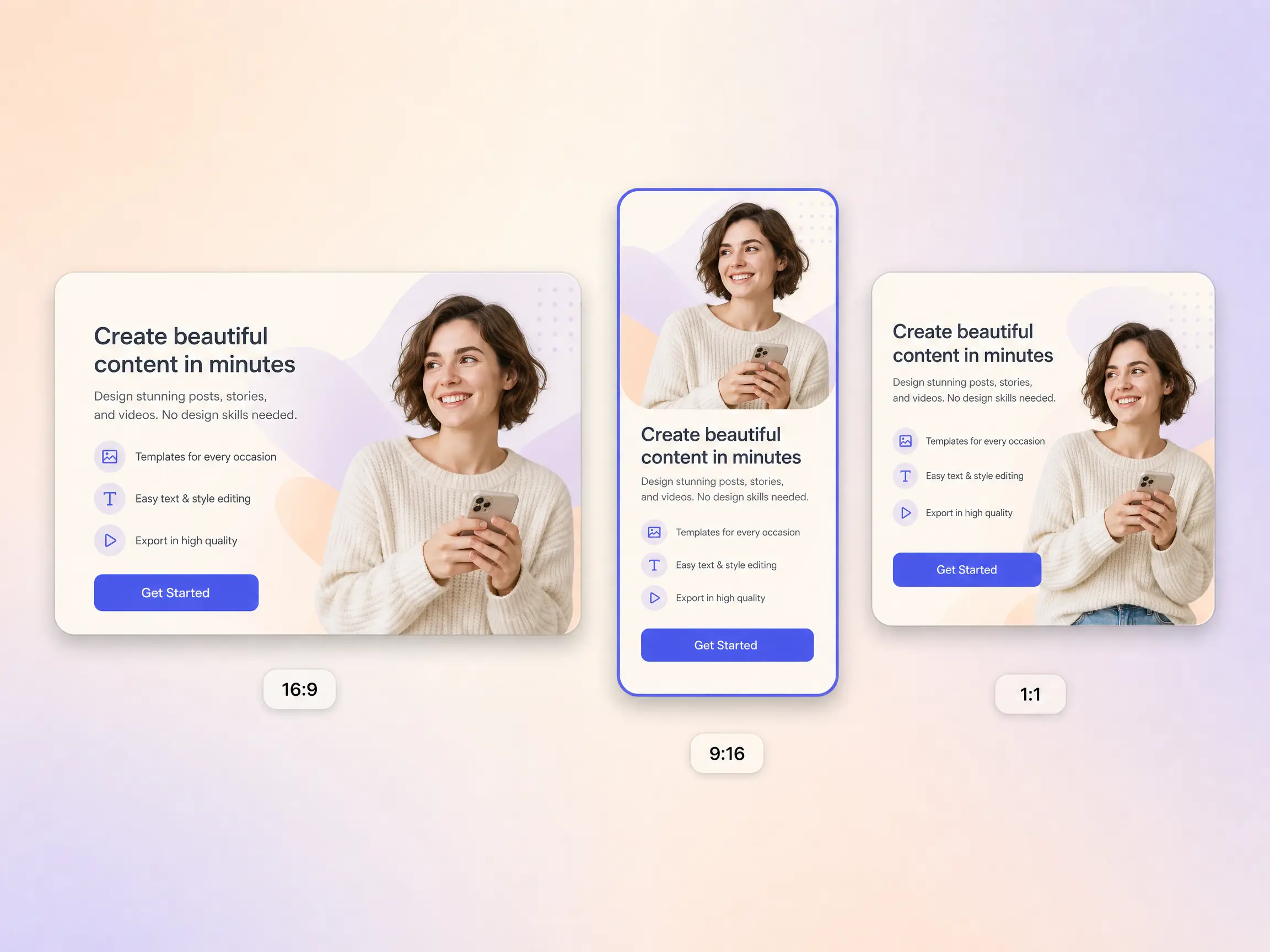 A app ad exported in 16:9, 9:16, and 1:1 formats up to 4K