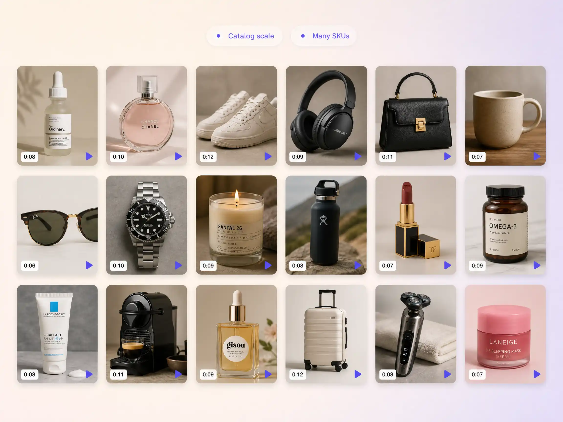 Product videos generated for many SKUs across a whole online store catalog