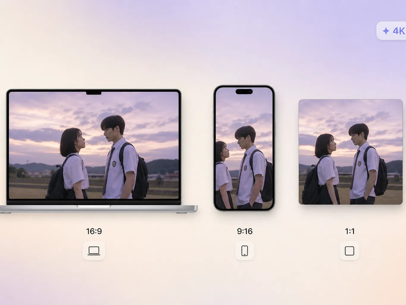 A micro drama exported in 16:9, 9:16, and 1:1 formats up to 4K
