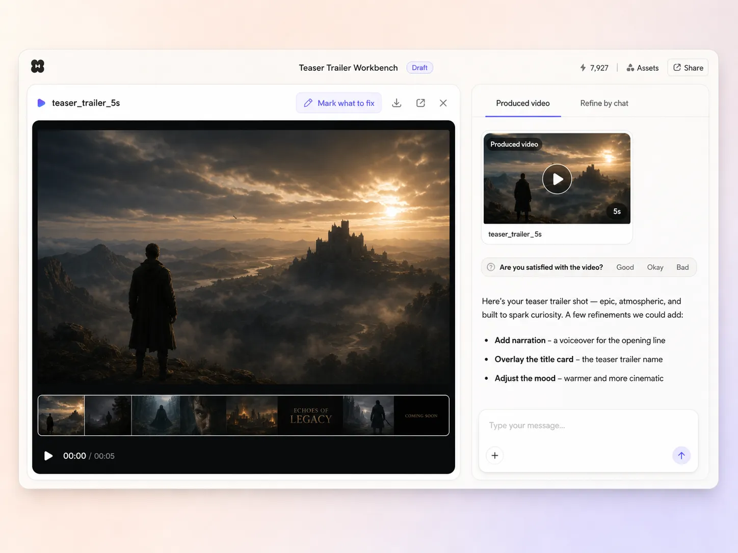 Creating a teaser trailer from a text prompt and a photo in the Pexo editor