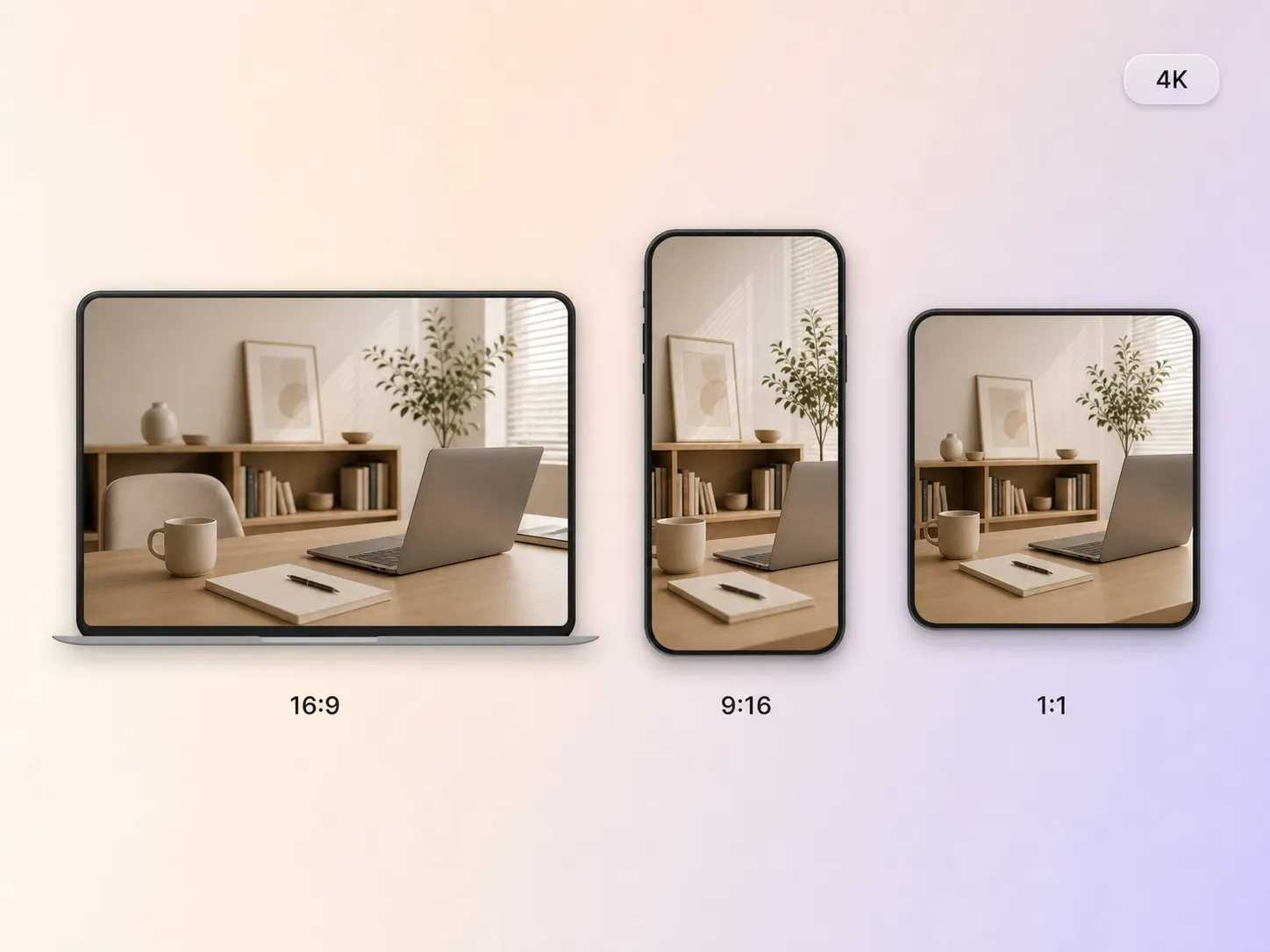 A mini movie exported in 16:9, 9:16, and 1:1 formats up to 4K