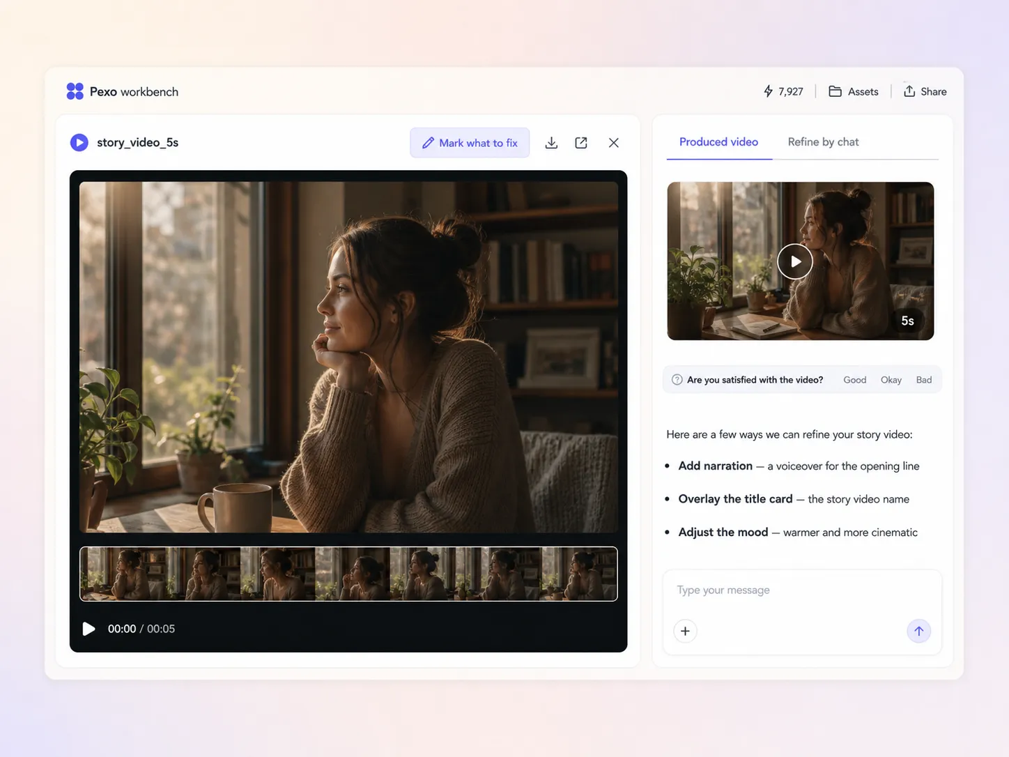 Creating a story video from a text prompt and a photo in the Pexo editor