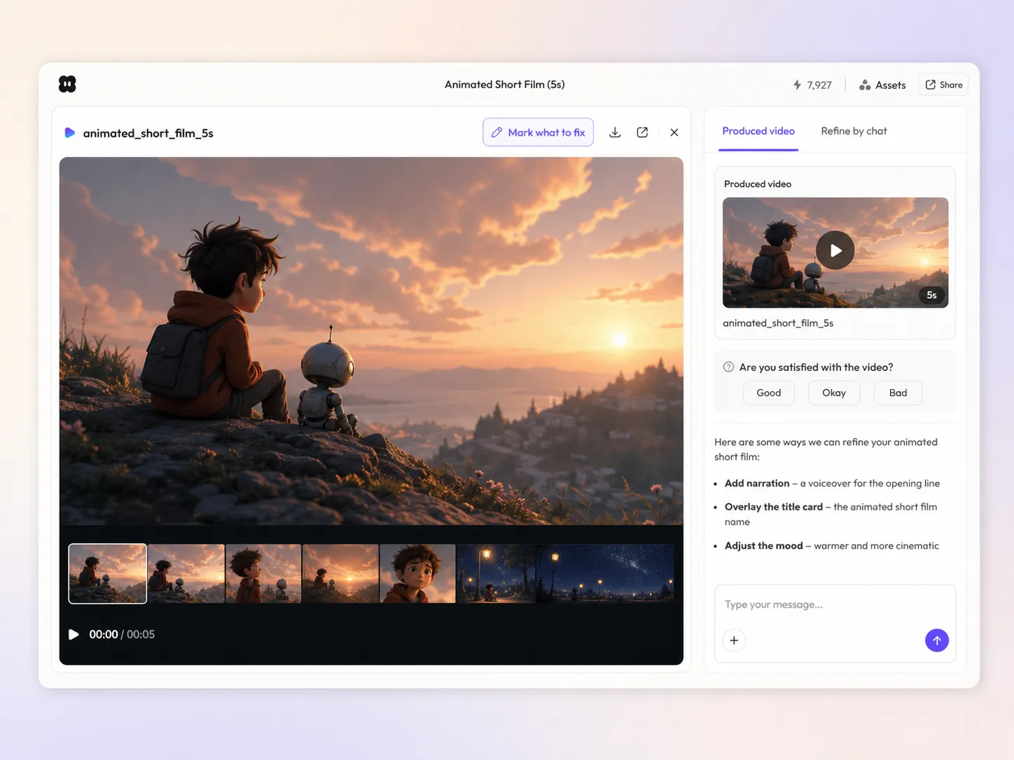 Creating a animated short film from a text prompt and a photo in the Pexo editor