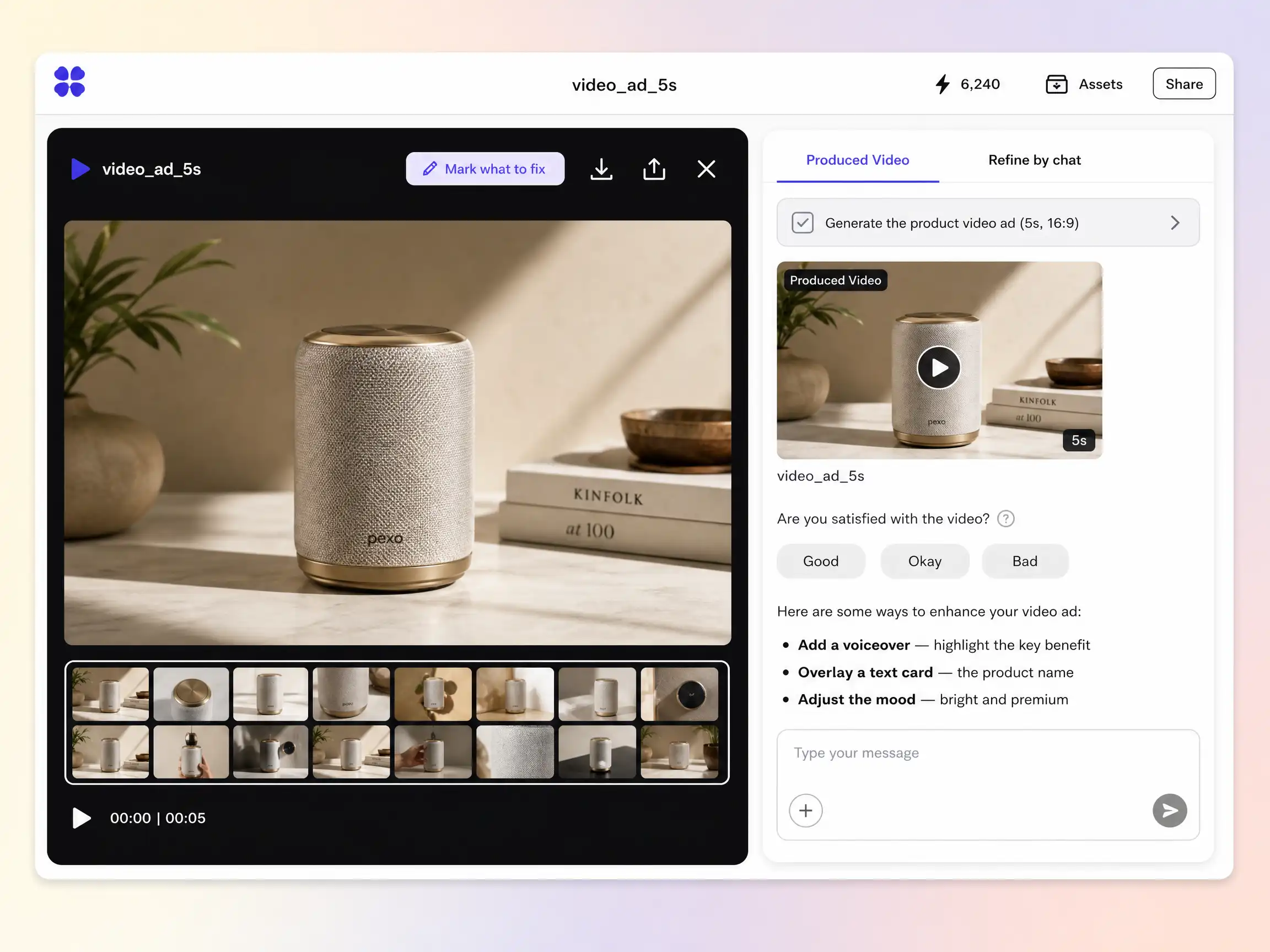 Creating a video ad from a text prompt and a photo in the Pexo editor