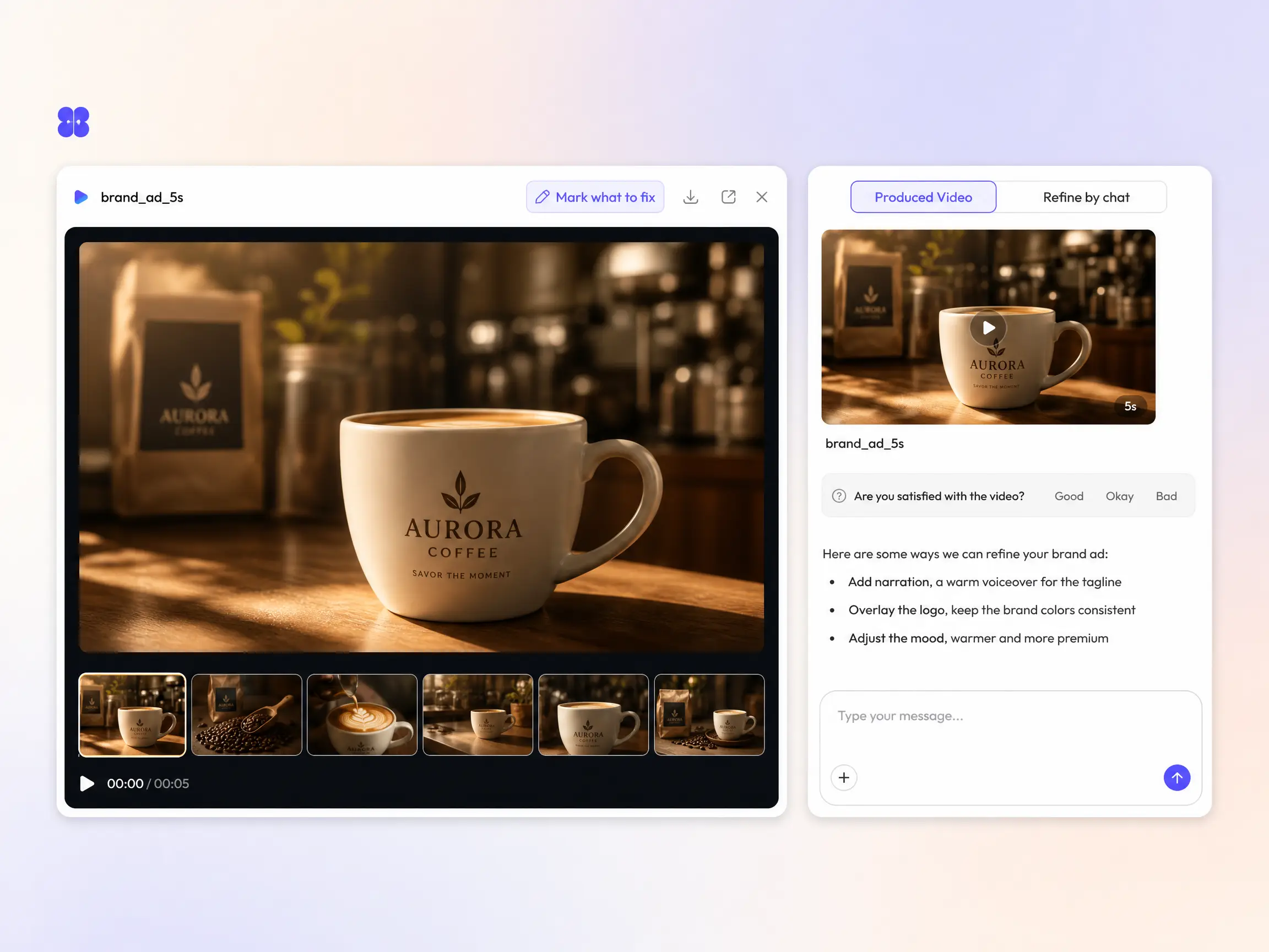 Creating a brand ad from a text prompt and a photo in the Pexo editor