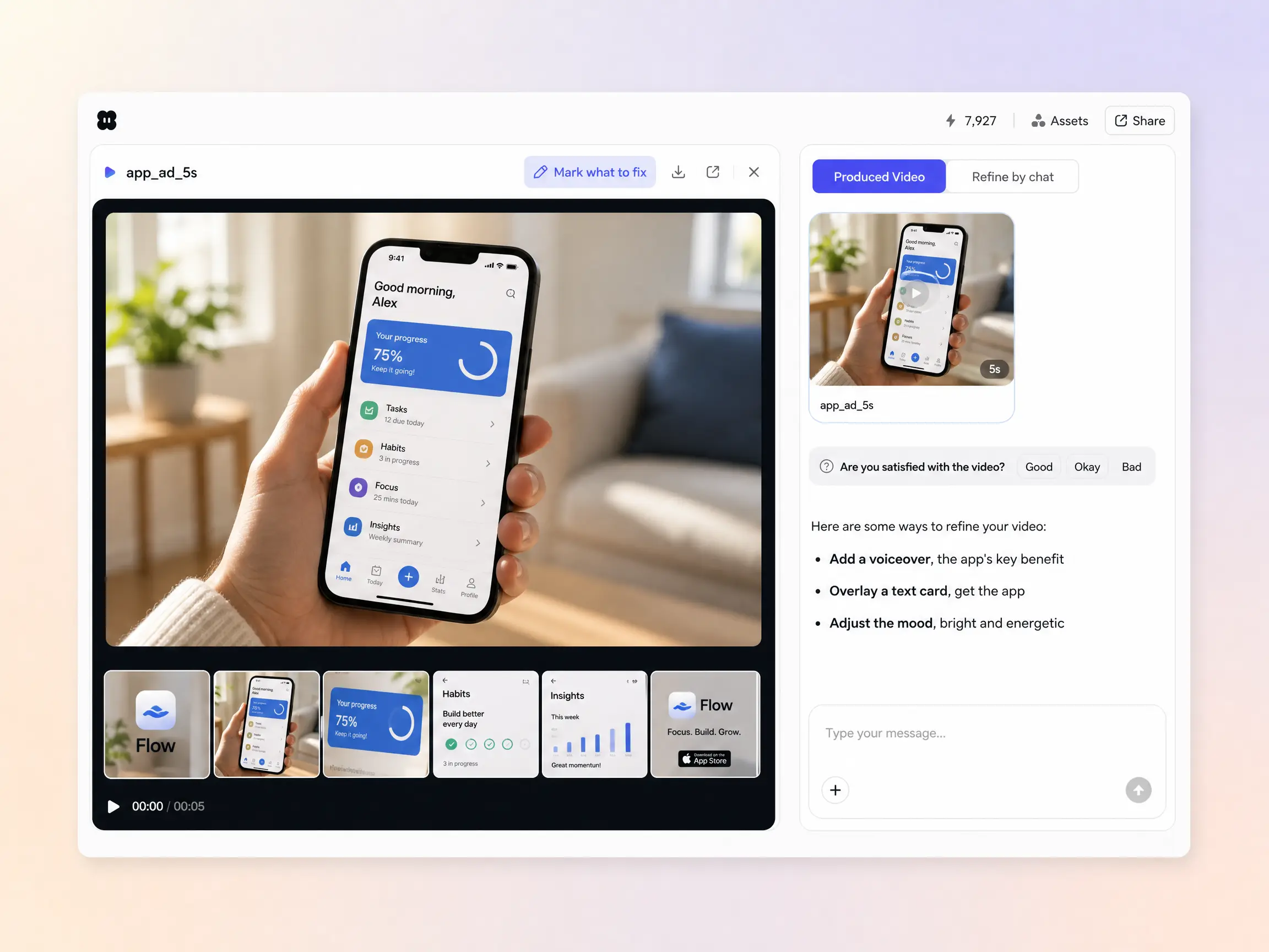 Creating a app ad from a text prompt and a photo in the Pexo editor