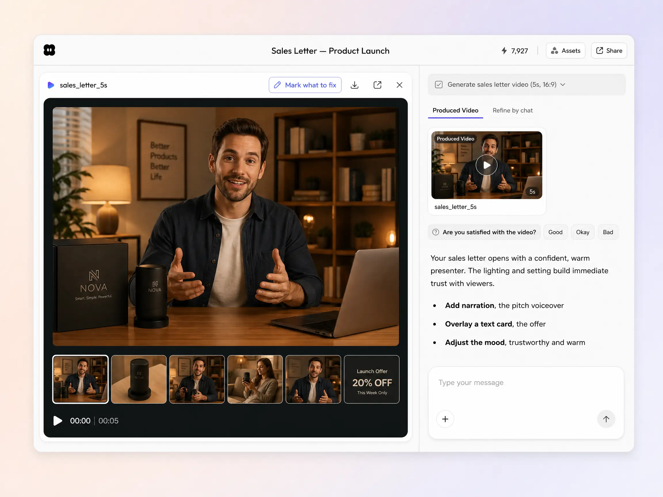 Creating a video sales letter from a text prompt and a photo in the Pexo editor