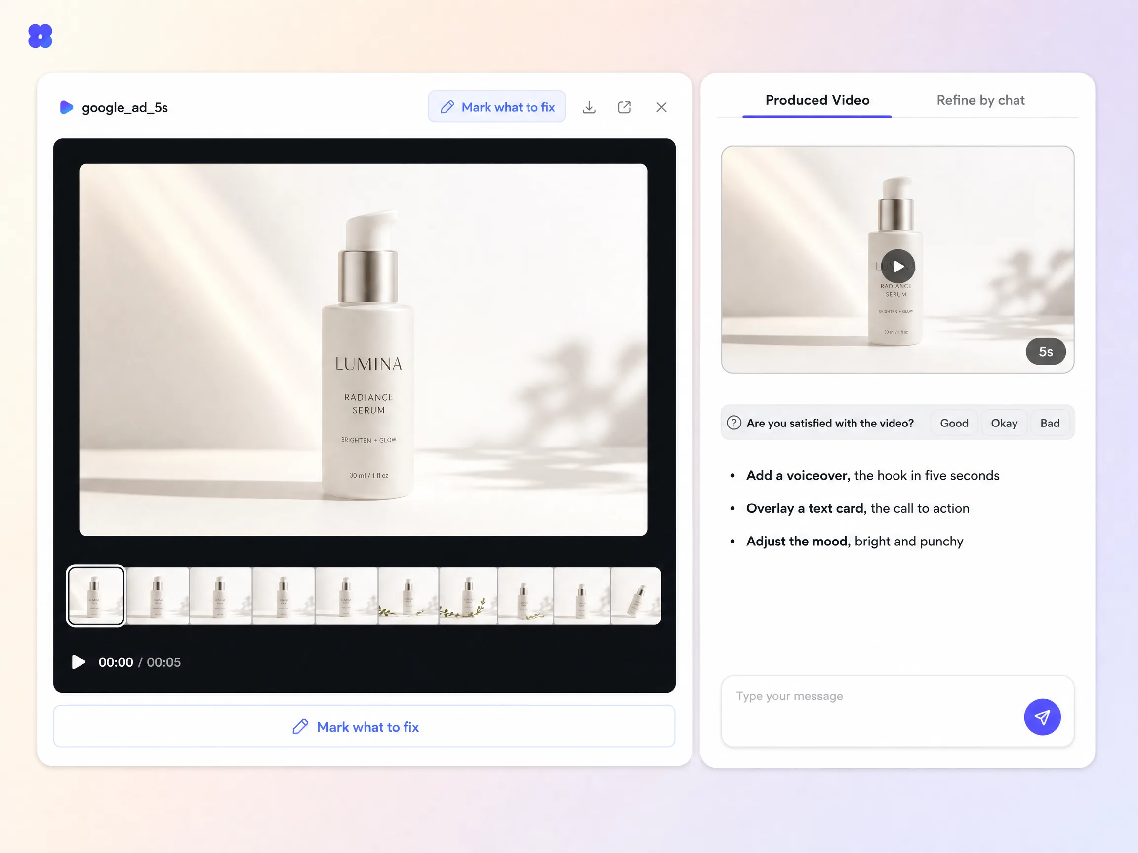 Creating a google ad video from a text prompt and a photo in the Pexo editor