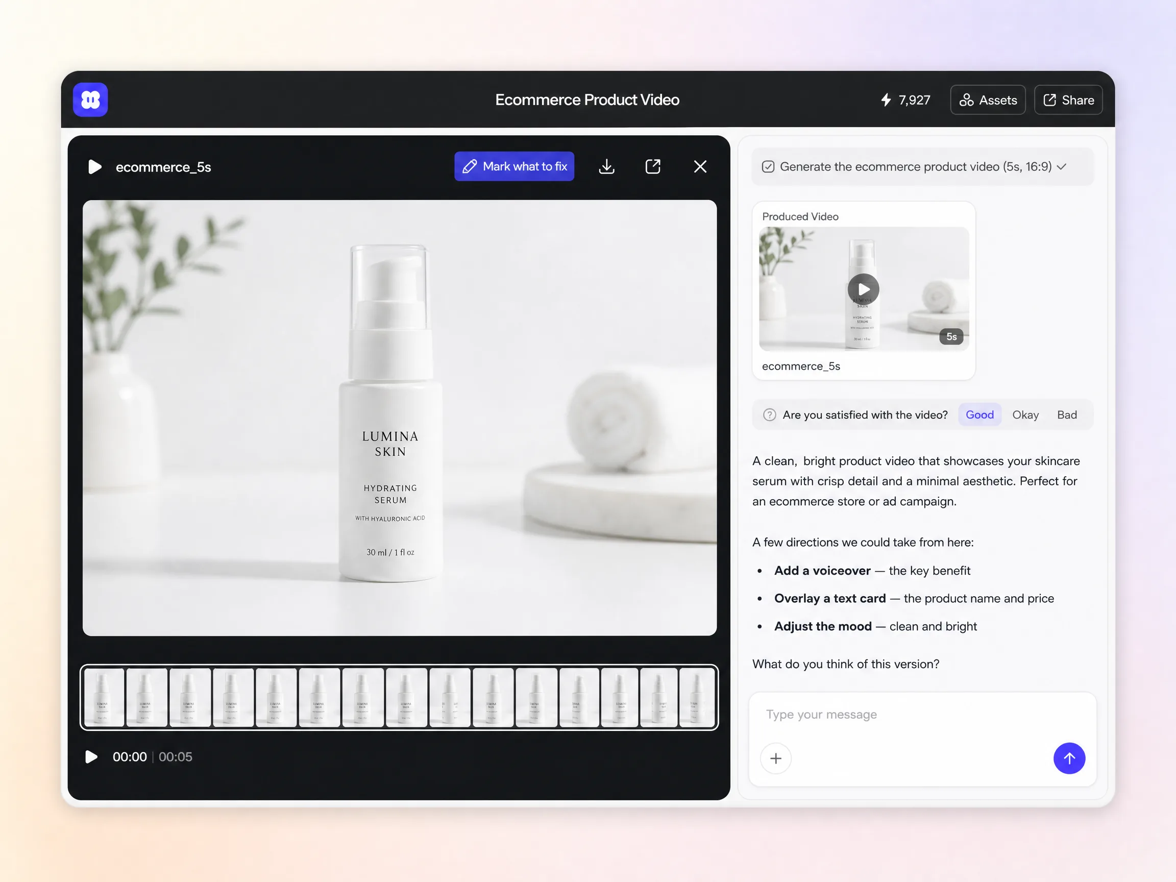 Creating a ecommerce video from a text prompt and a photo in the Pexo editor
