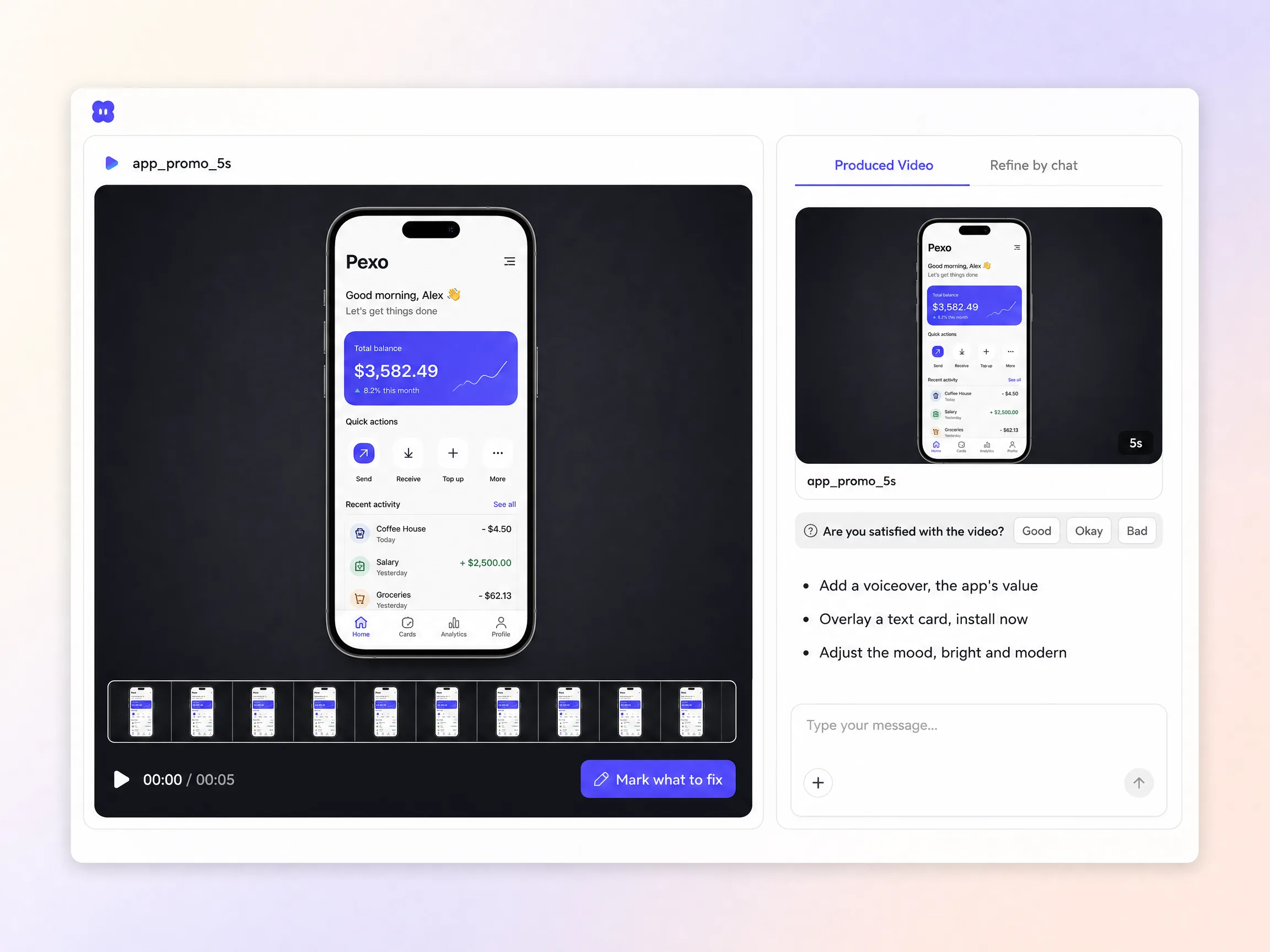 Creating a app promo video from a text prompt and a photo in the Pexo editor