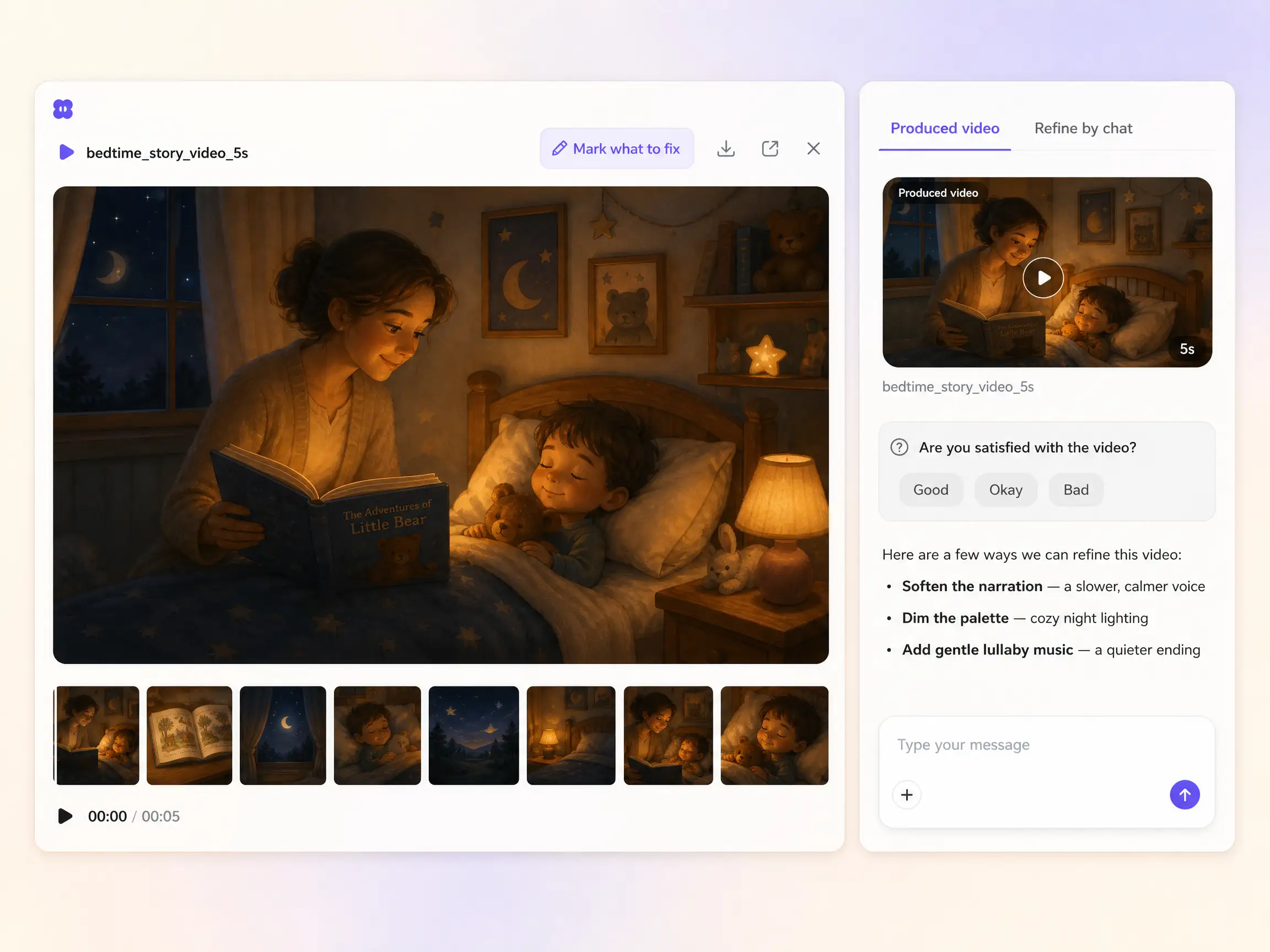 Creating a bedtime story video from a text prompt and a photo in the Pexo editor