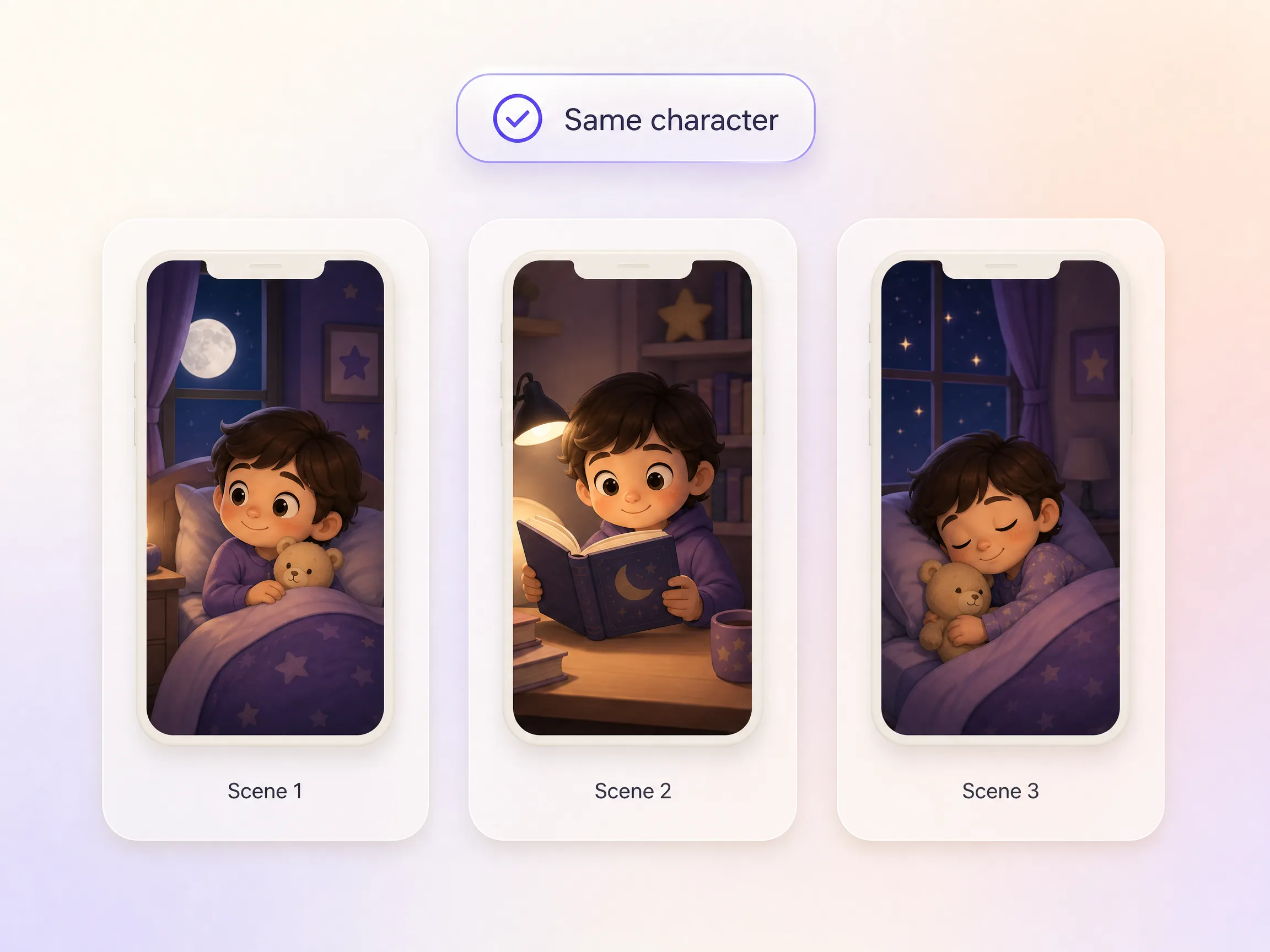 One consistent storybook character appearing across scenes of a bedtime story video