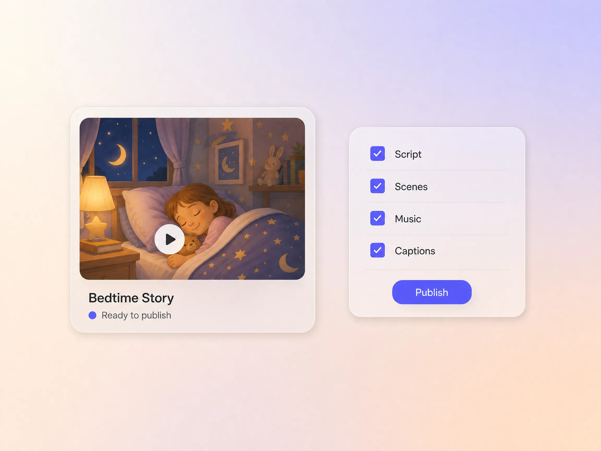 Pexo assembling script, music, and subtitles into a finished bedtime story video