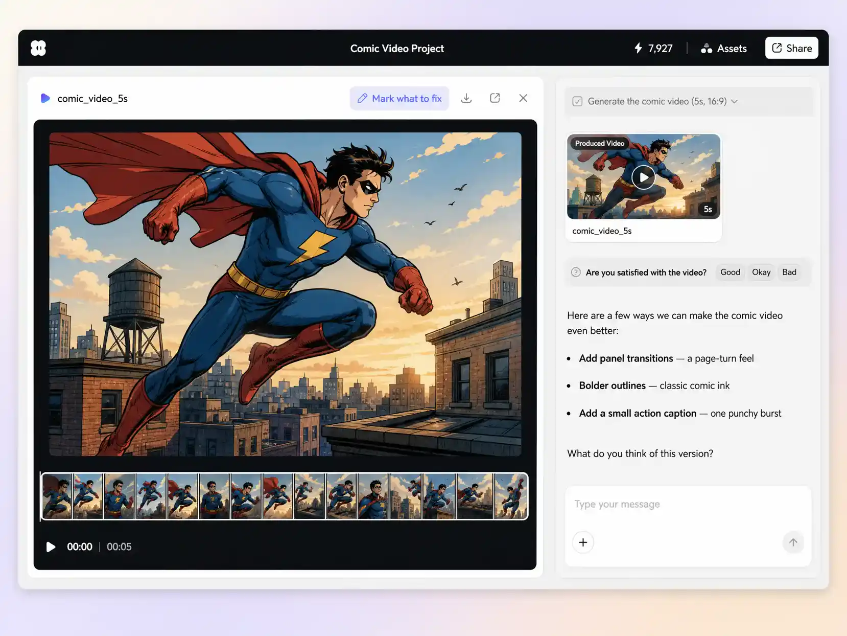 Creating a comic video from a text prompt and a photo in the Pexo editor
