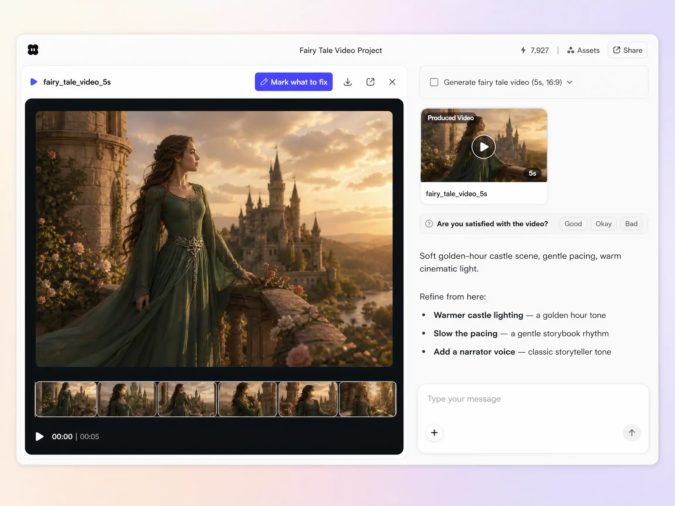 Creating a fairy tale video from a text prompt and a photo in the Pexo editor