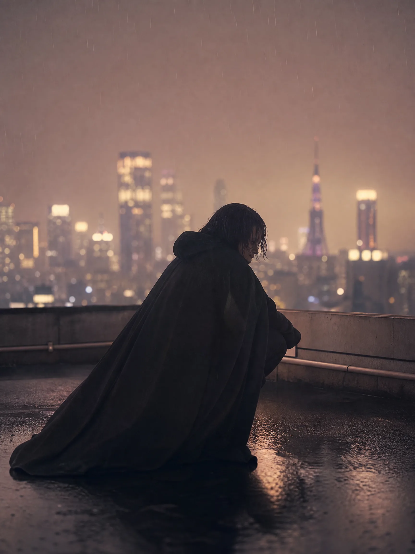 Cinematic fan film scene of a caped hero on a rooftop generated with Pexo AI