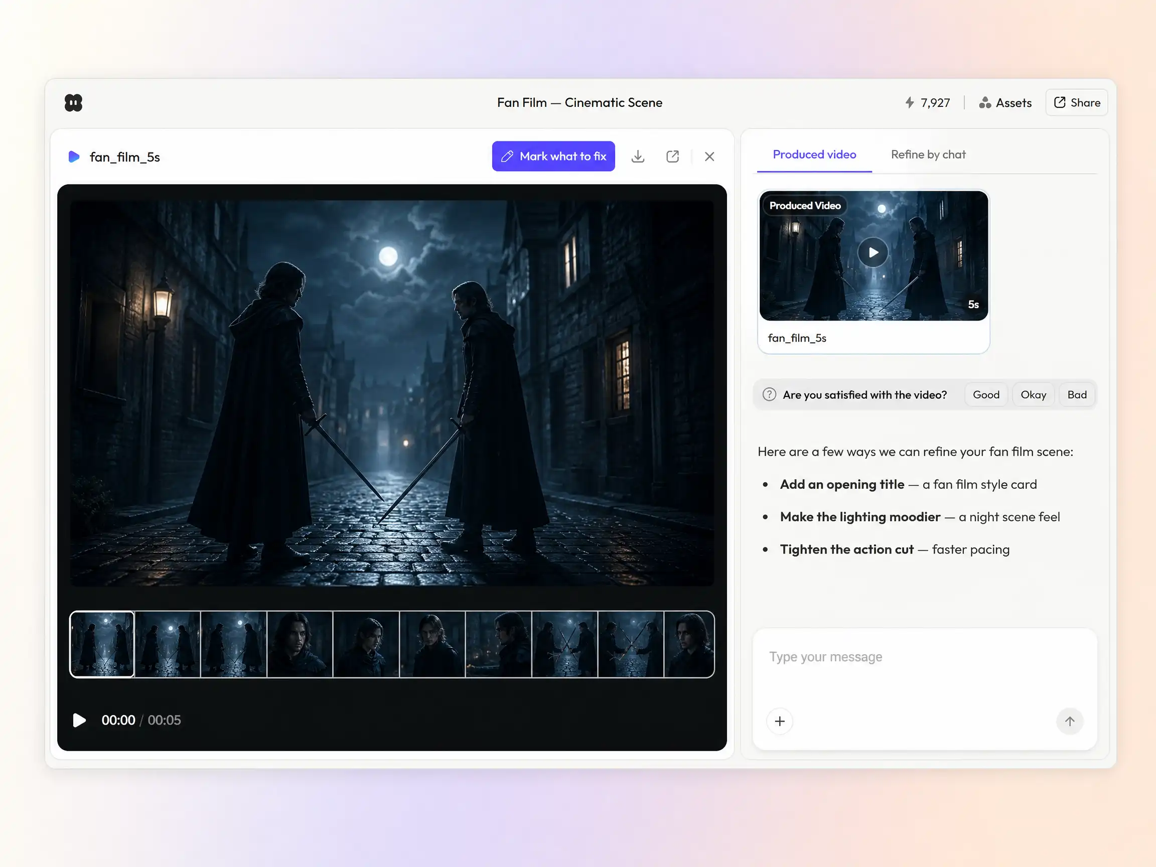 Creating a fan film from a text prompt and a photo in the Pexo editor