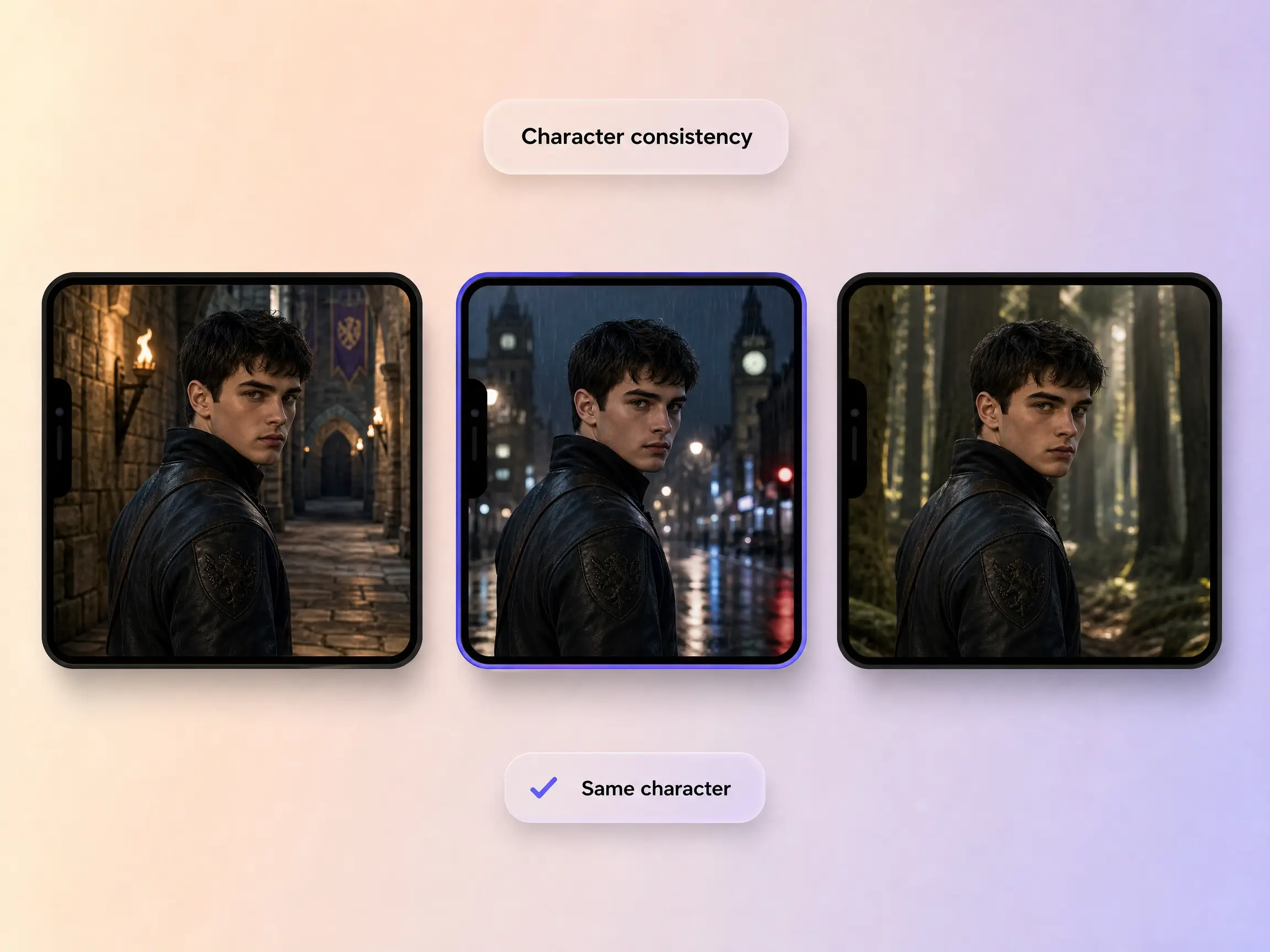 A fan film hero staying visually consistent across every scene generated with Pexo