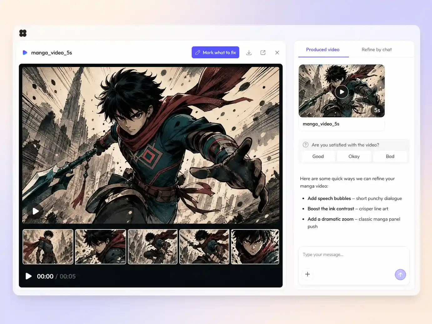 Creating a manga video from a text prompt and a photo in the Pexo editor
