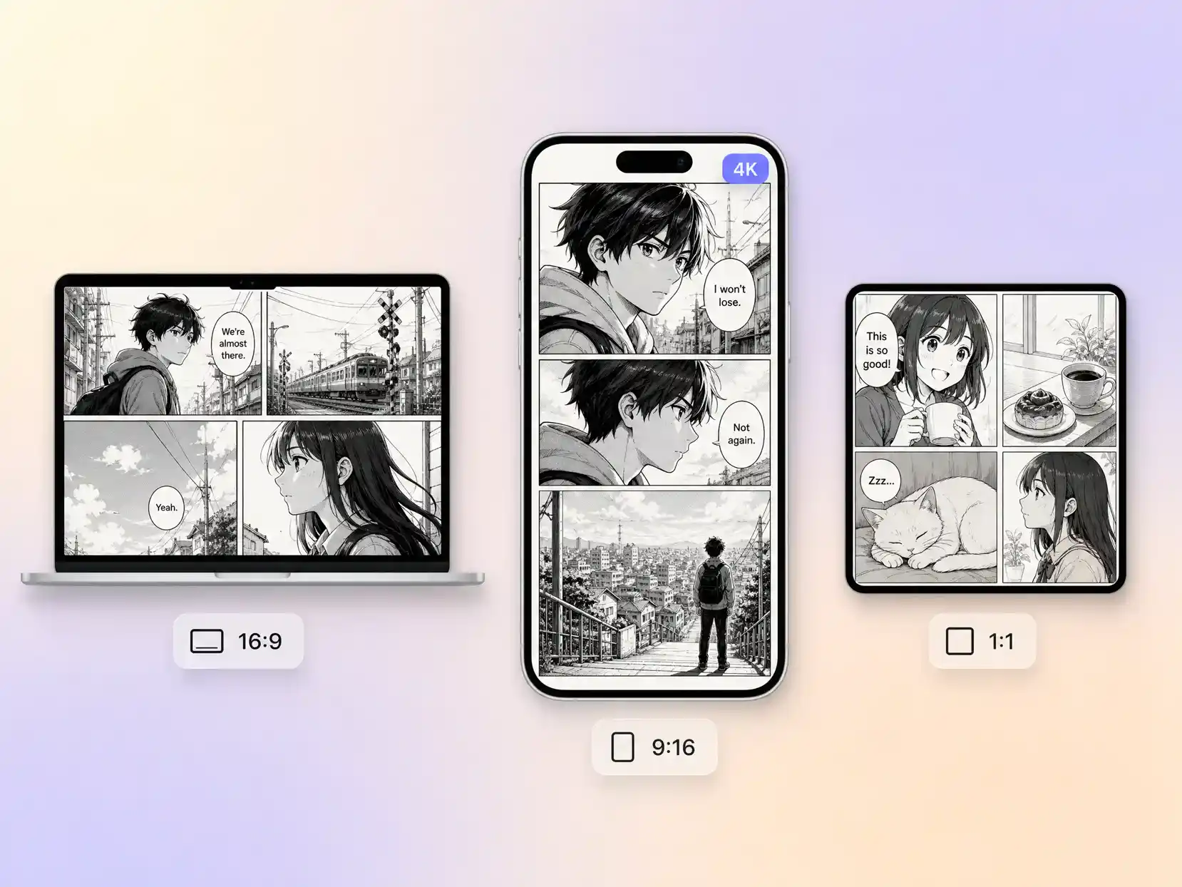 A manga video exported in 16:9, 9:16, and 1:1 formats up to 4K