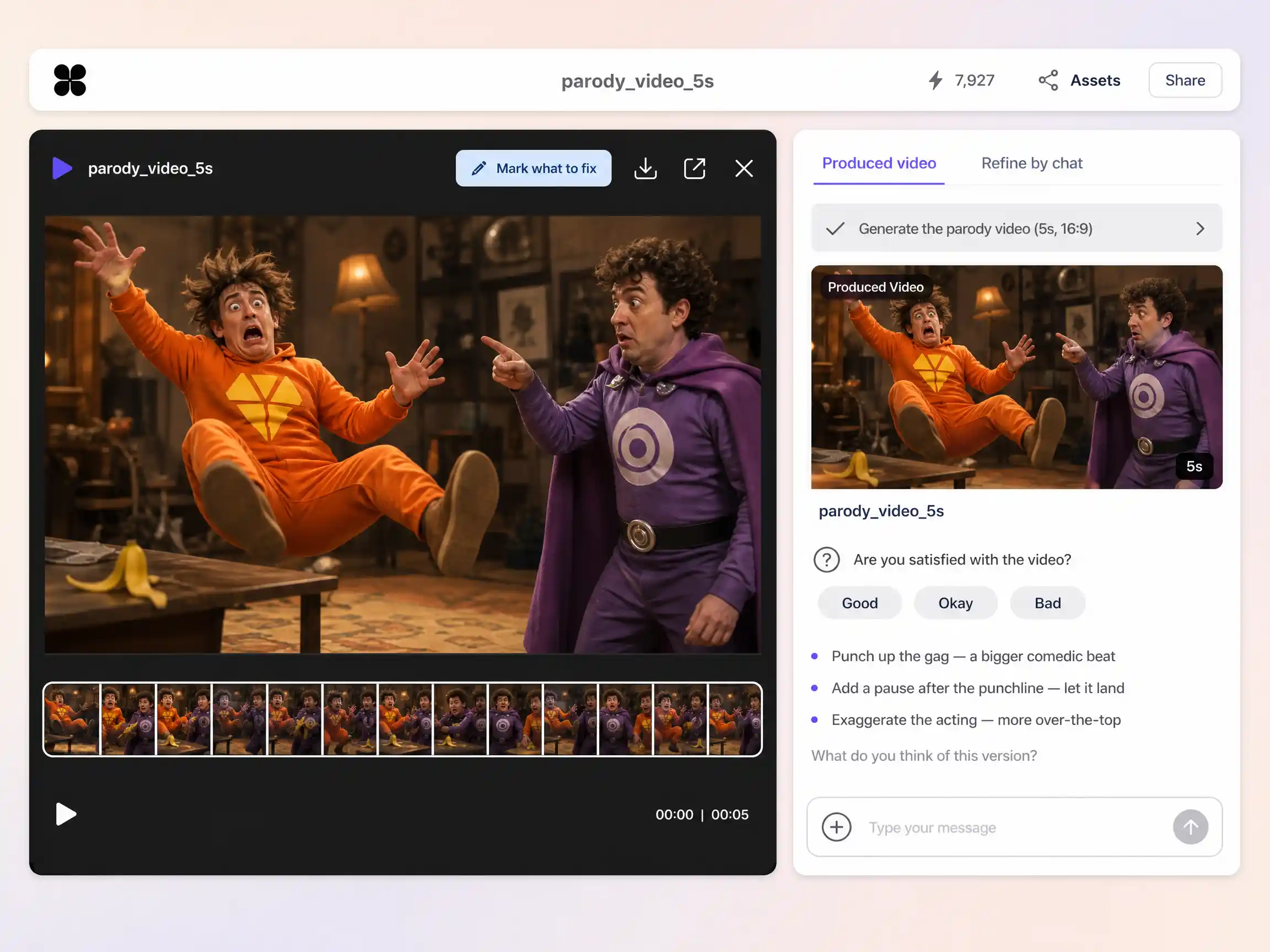 Creating a parody video from a text prompt and a photo in the Pexo editor