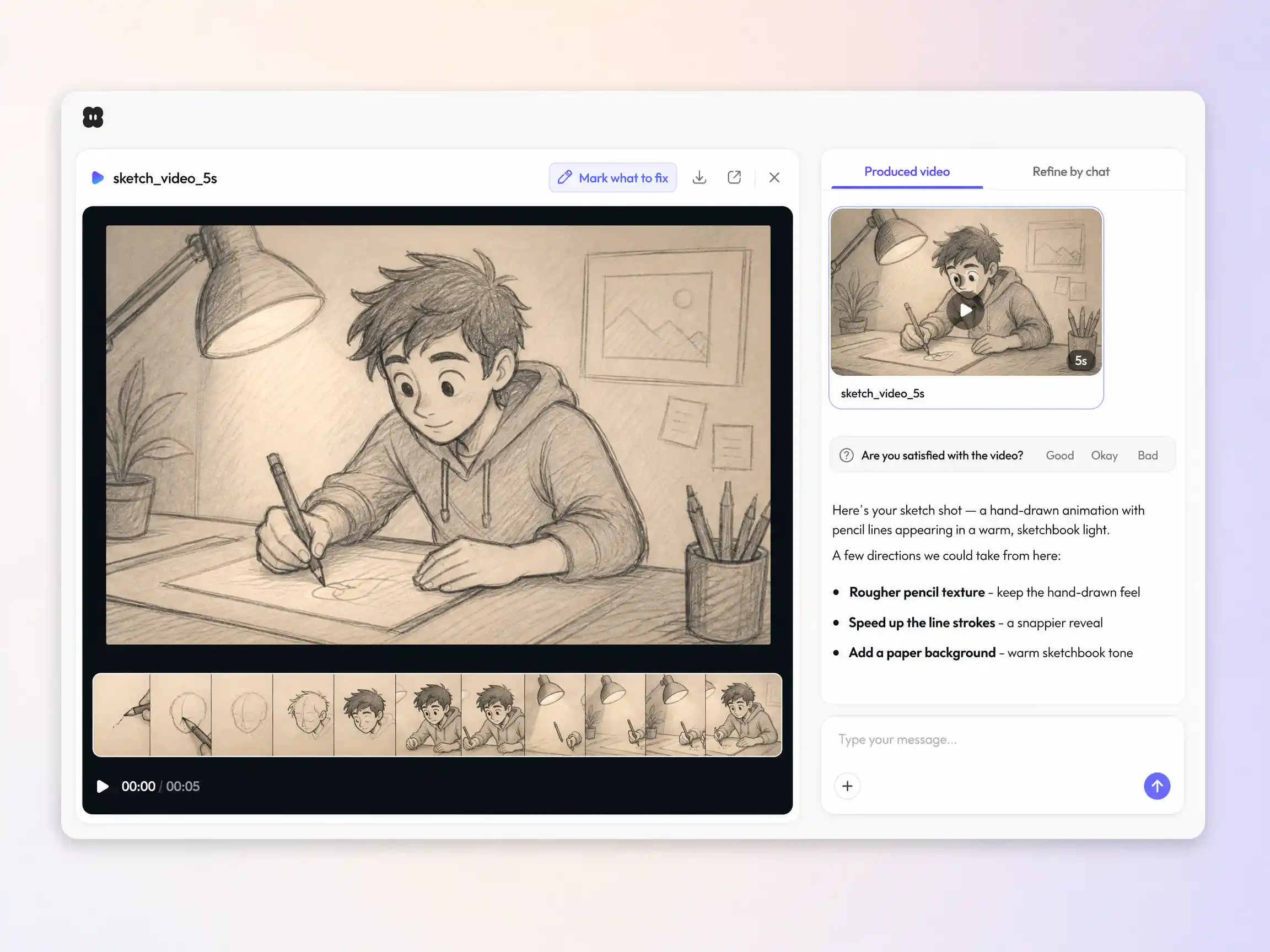 Creating a sketch video from a text prompt and a photo in the Pexo editor