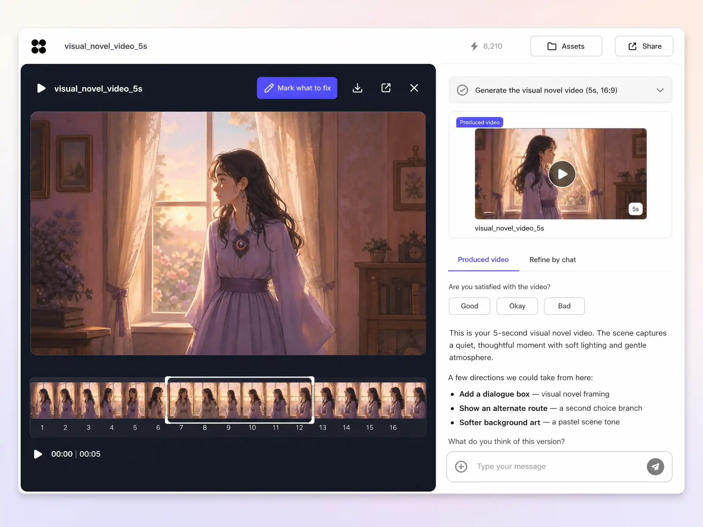 Creating a visual novel video from a text prompt and a photo in the Pexo editor