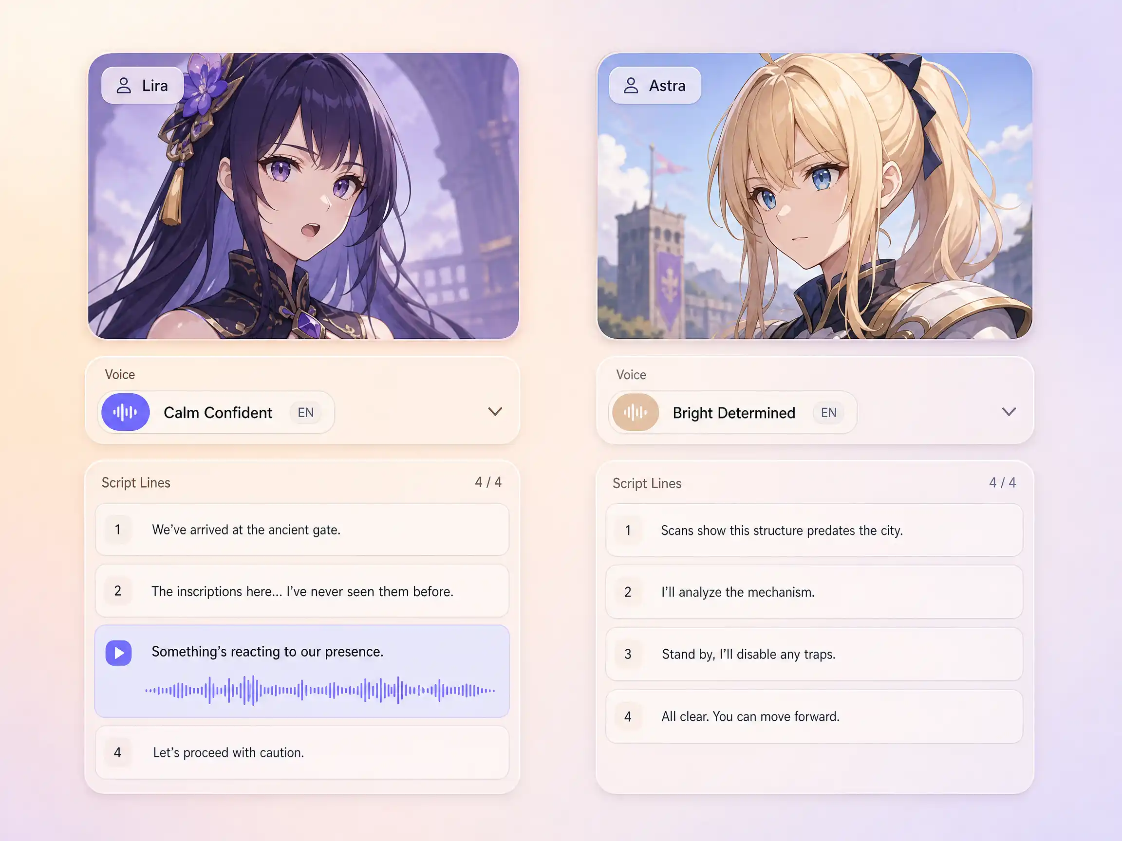 Two anime characters speaking voiced dialogue lines in a visual novel video