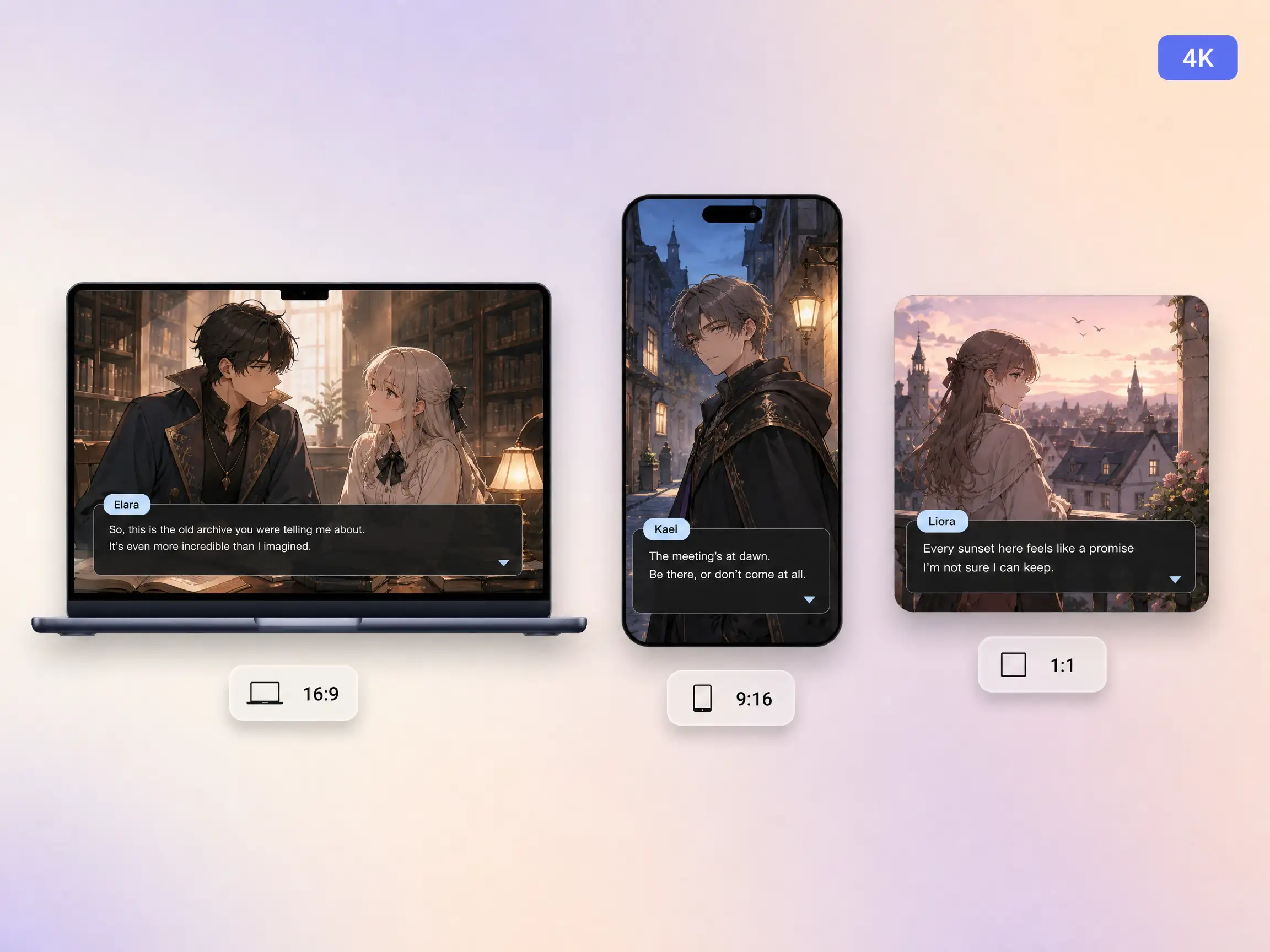 A visual novel video exported in 16:9, 9:16, and 1:1 formats up to 4K