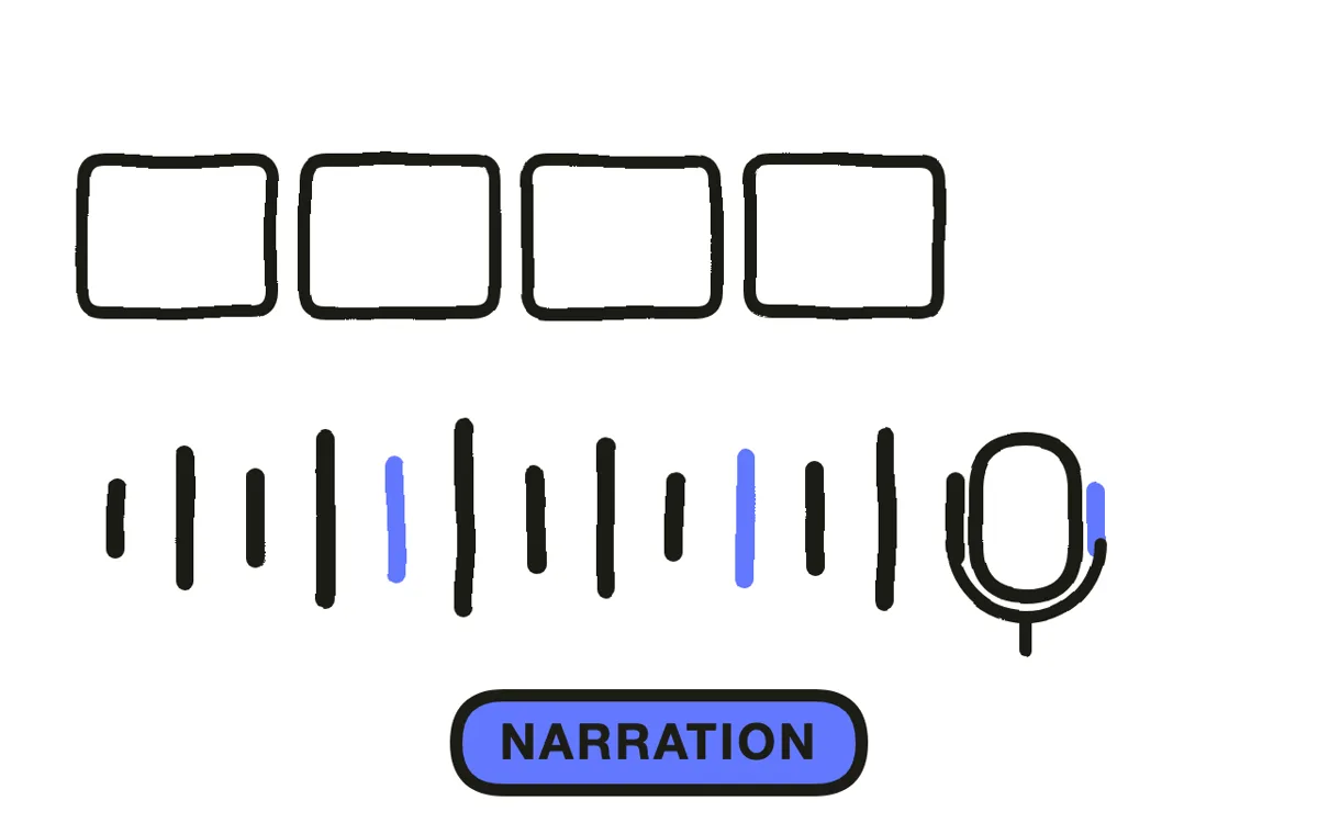 A narration waveform aligned under a row of video scenes with silence gaps marked at each cut