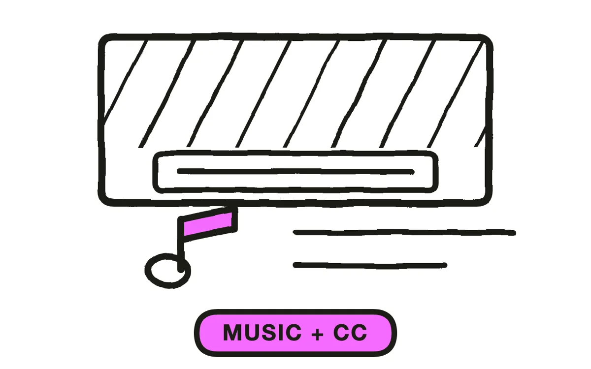 A music track and a burned-in caption bar layered beneath a finished video timeline