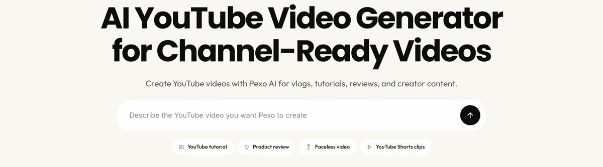 The Pexo AI YouTube video generator page, showing the description box and its YouTube tutorial, Product review, Faceless video, and YouTube Shorts clips presets