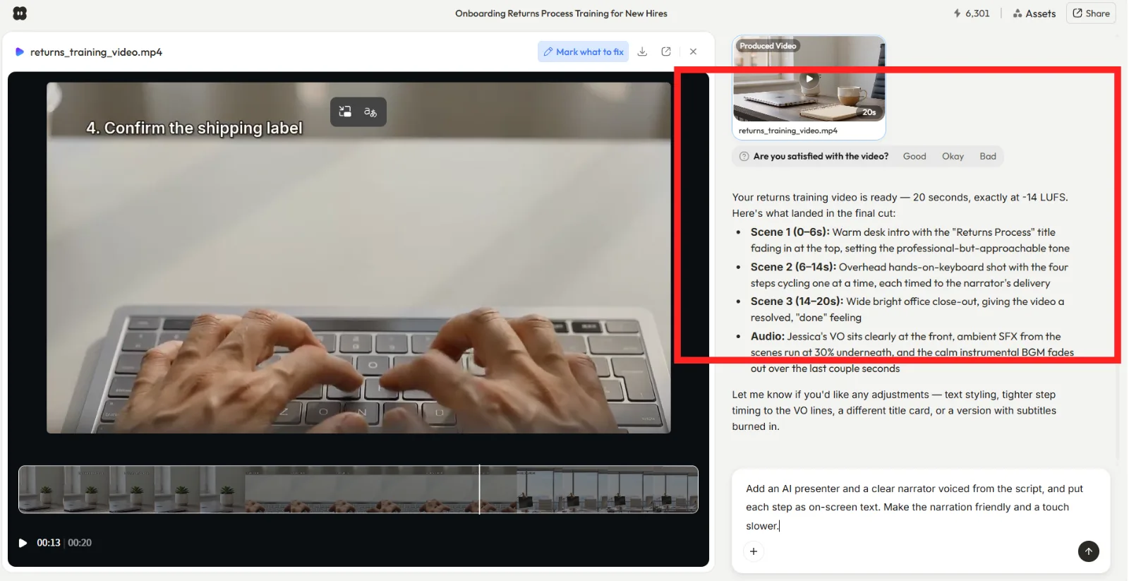 Pexo's returned scene plan for the training video, with the scene breakdown highlighted
