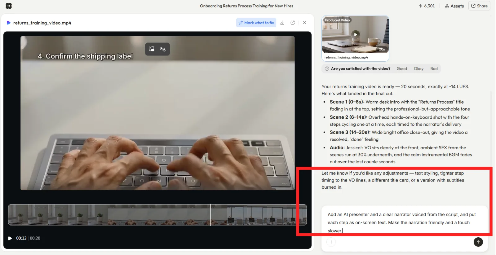 Asking Pexo in plain language to tweak the training video, with the chat input highlighted