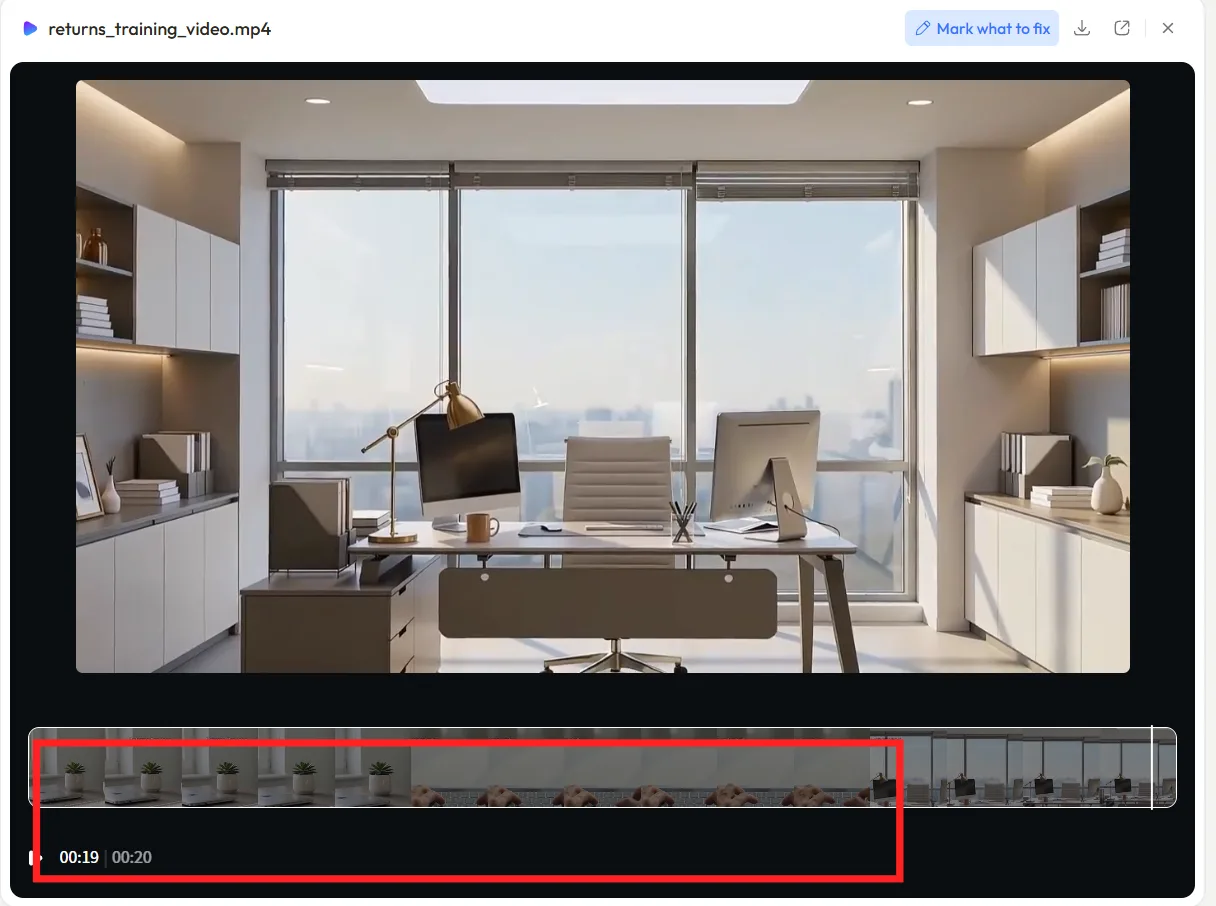 Exporting the finished training video from Pexo, timeline and export controls highlighted