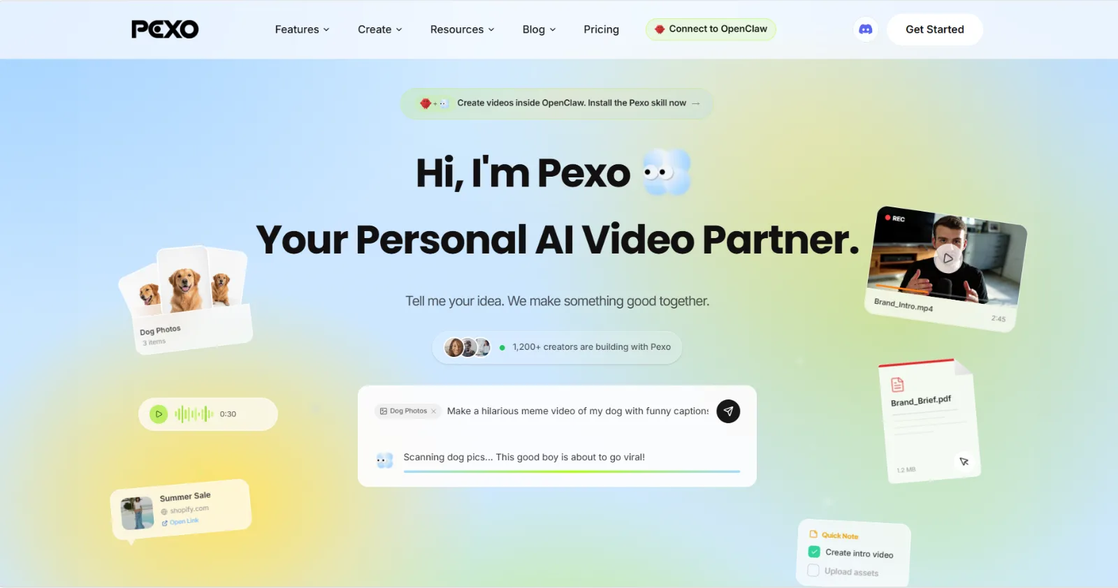 Pexo's conversational home screen, where a video project starts as a plain-language description instead of a template choice