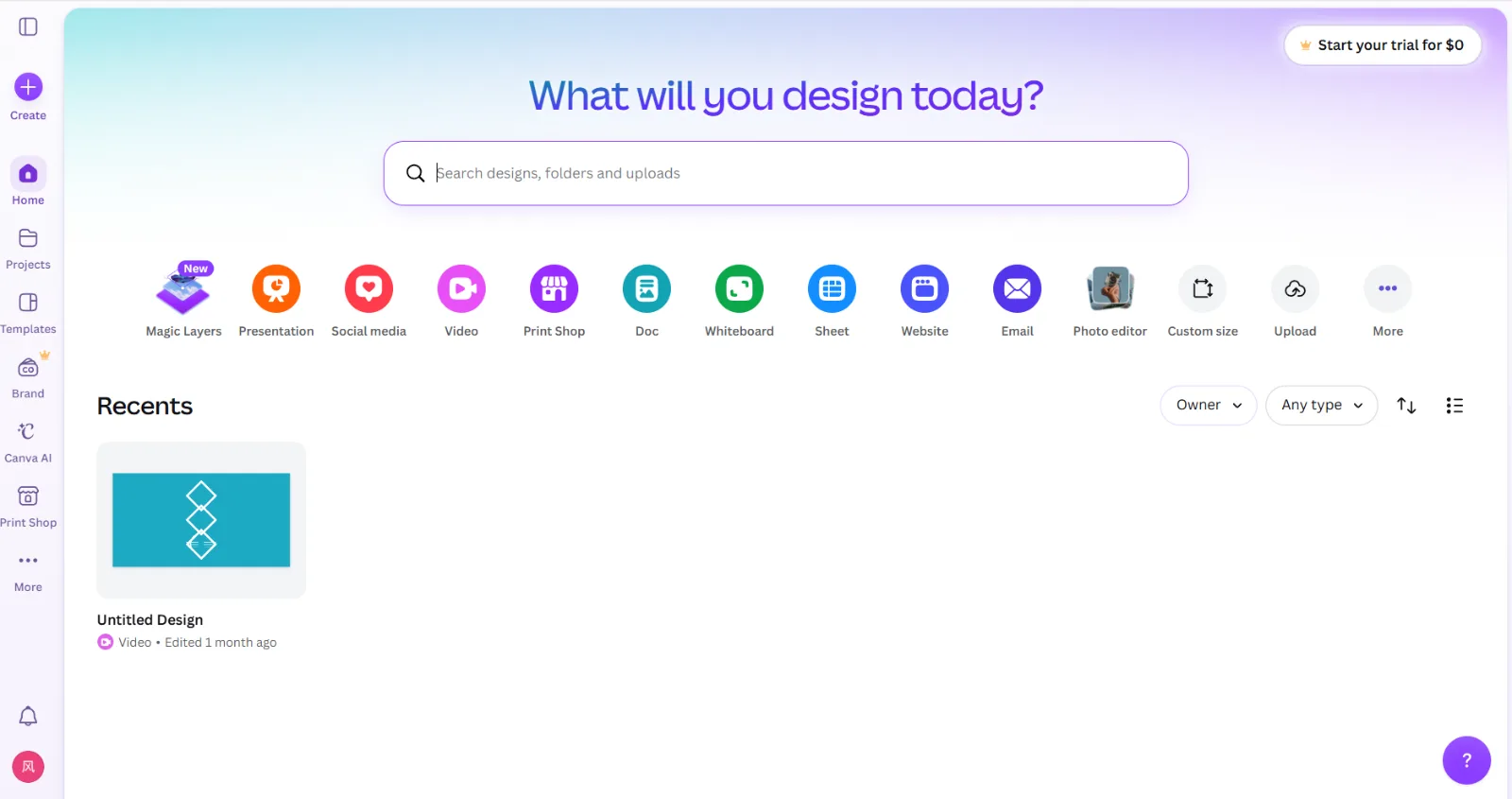 Canva's dashboard, organized around design types and a large template library