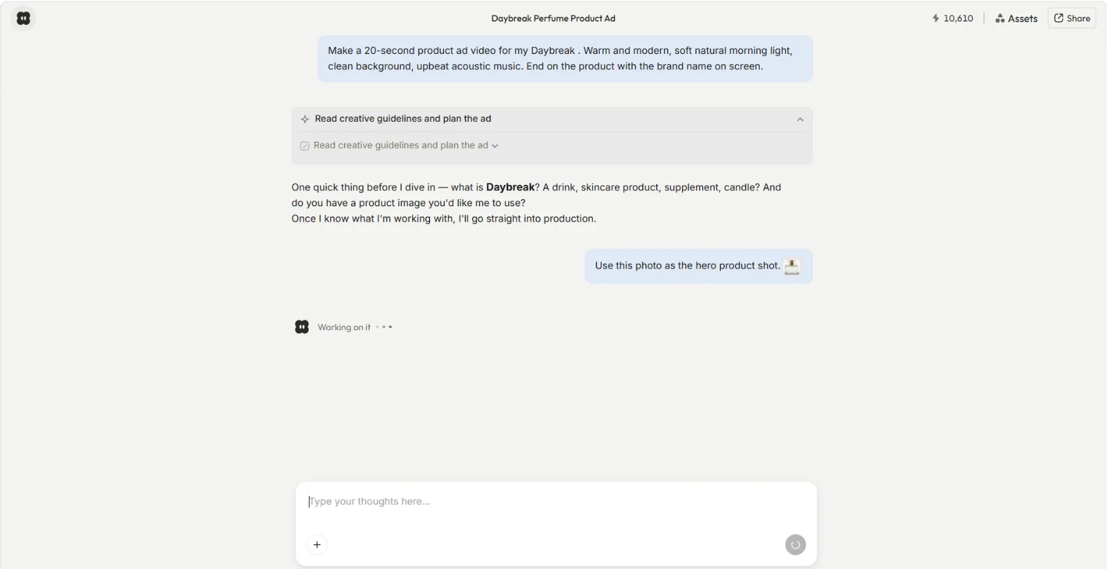 Briefing Pexo on a product ad in plain language: the product photo and the ask, nothing else