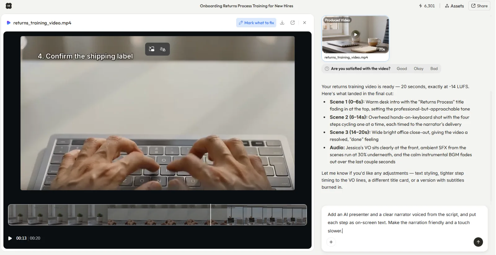 Pexo showing a preview of the onboarding video before full production