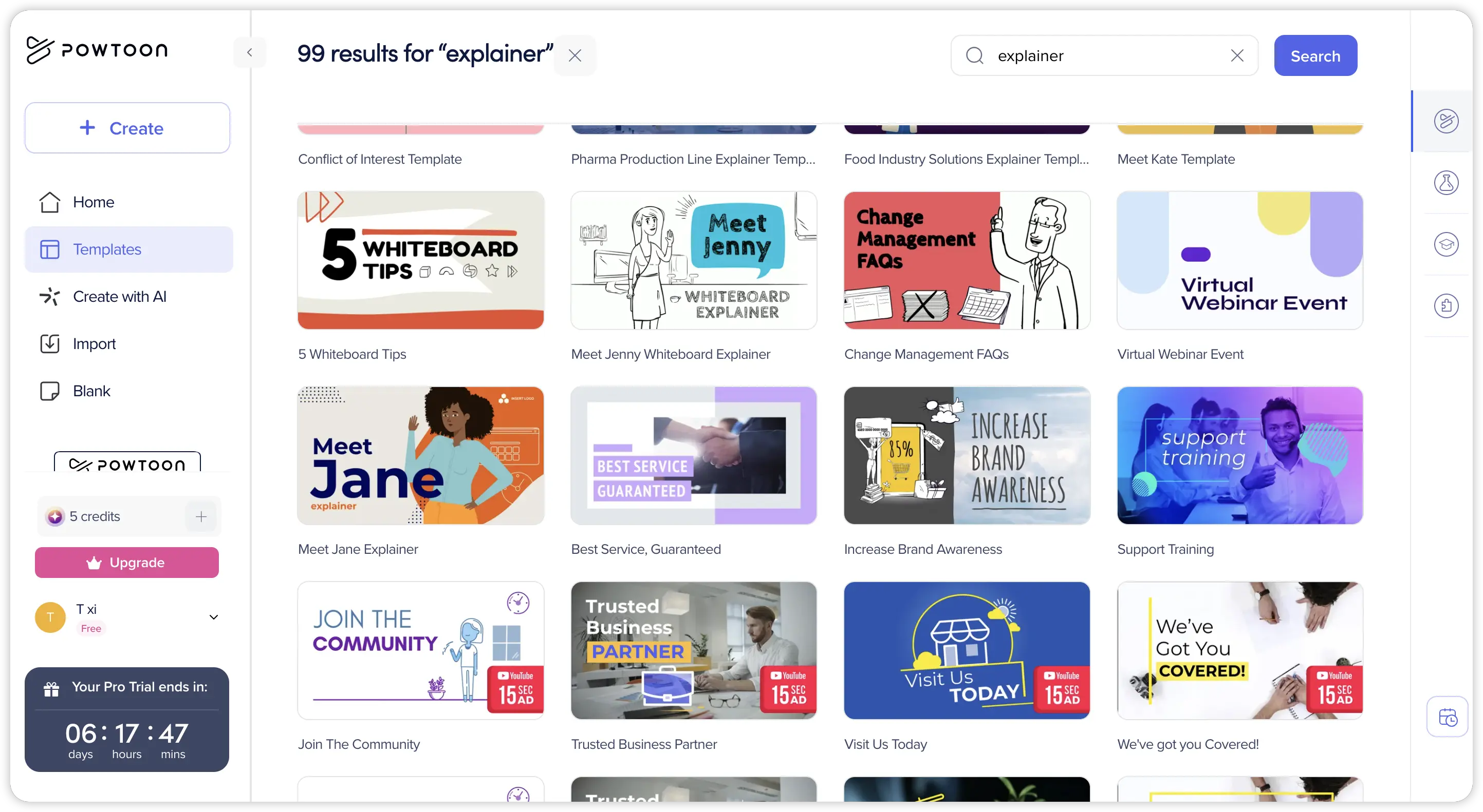 Powtoon's explainer video template library with cartoon-style scene thumbnails
