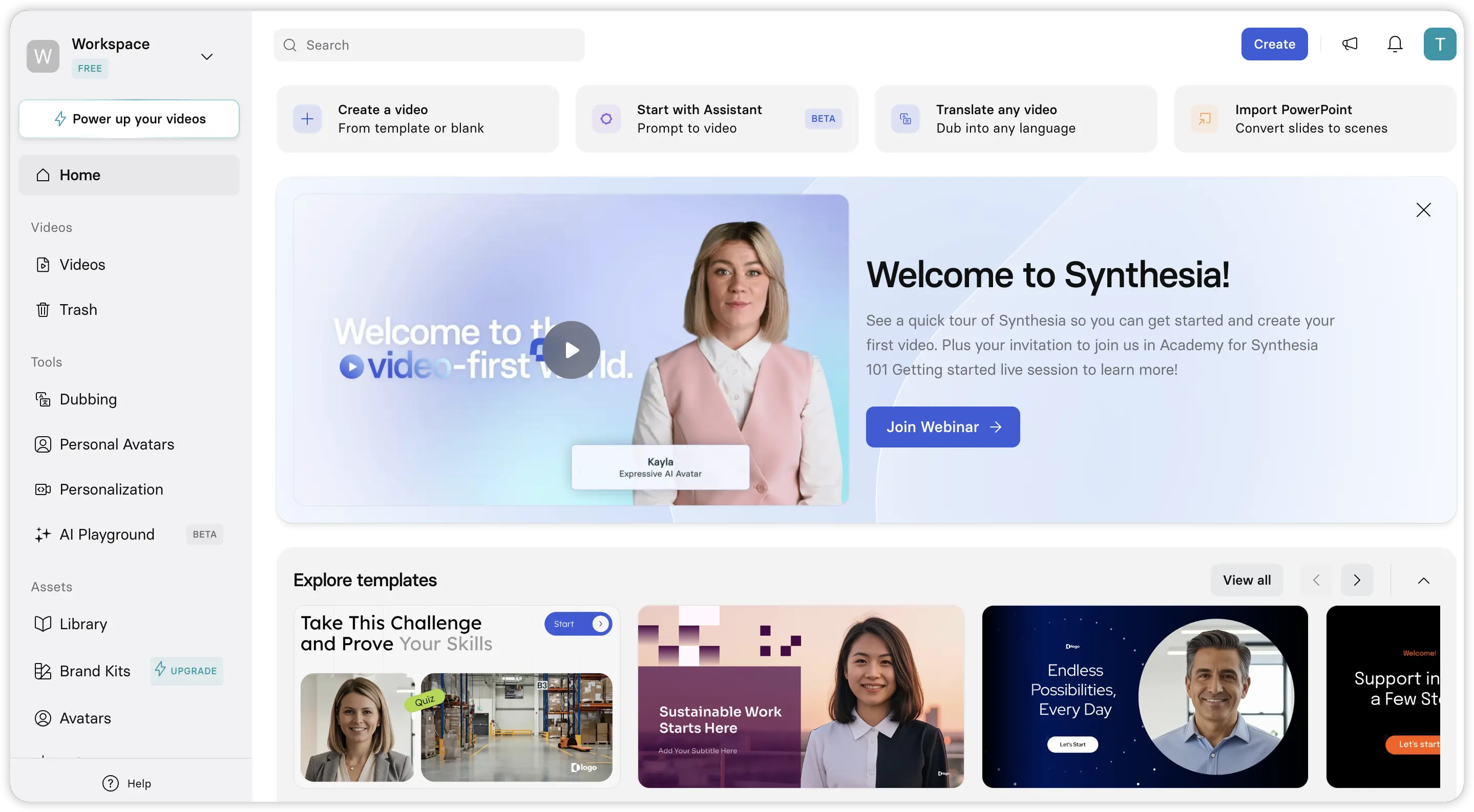 Synthesia dashboard with avatar and template library