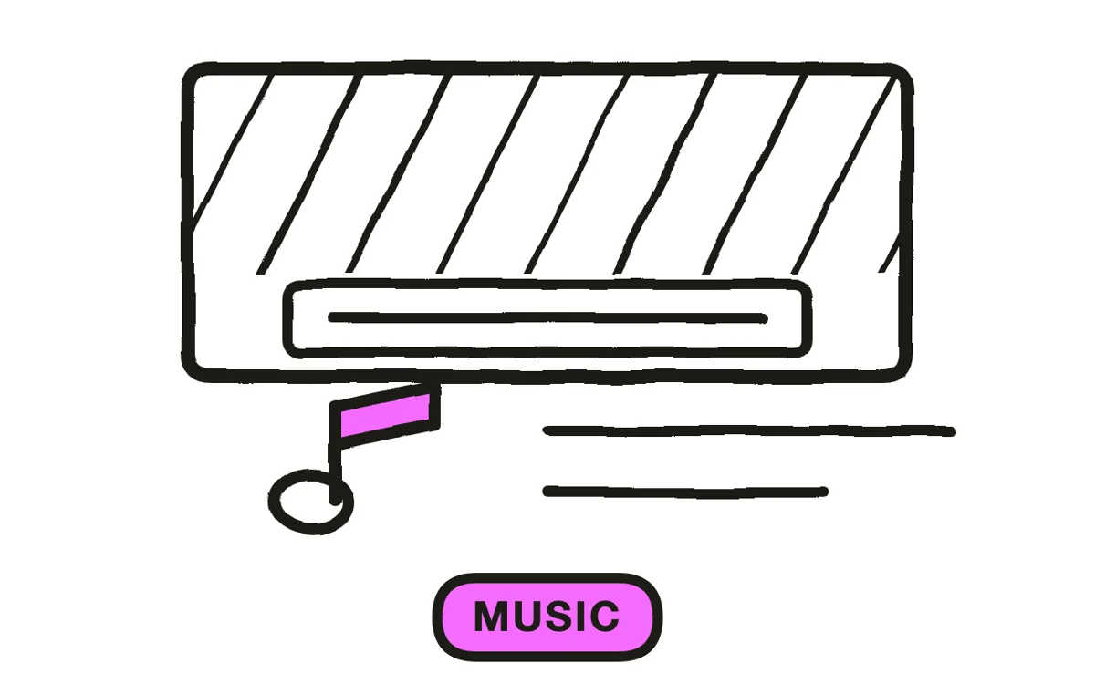 A hand-drawn video frame with a music waveform bar at the bottom and caption text overlaid