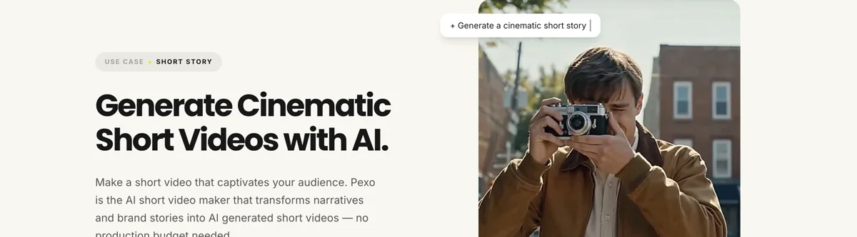Pexo create page for short videos showing the description box and preset chips