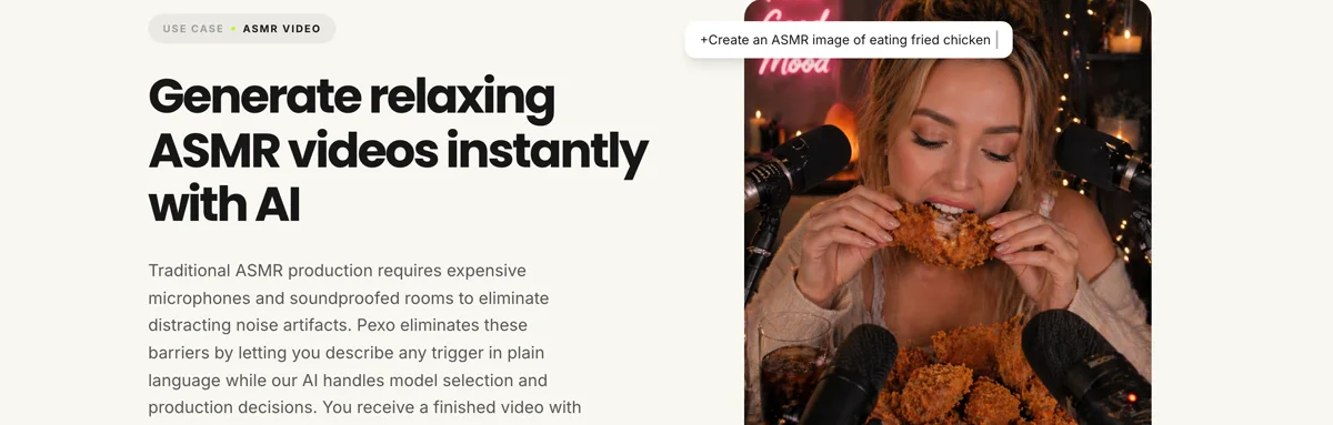 Pexo create page for ASMR videos showing the description box and preset chips