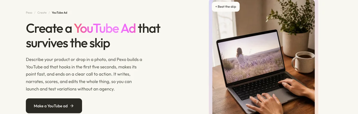 Pexo create page for YouTube ads showing the description box and preset chips