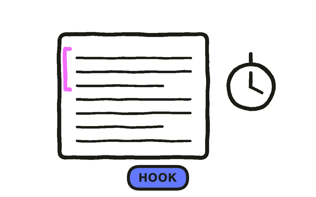 A hand-drawn script page with five short hook lines, the first one highlighted